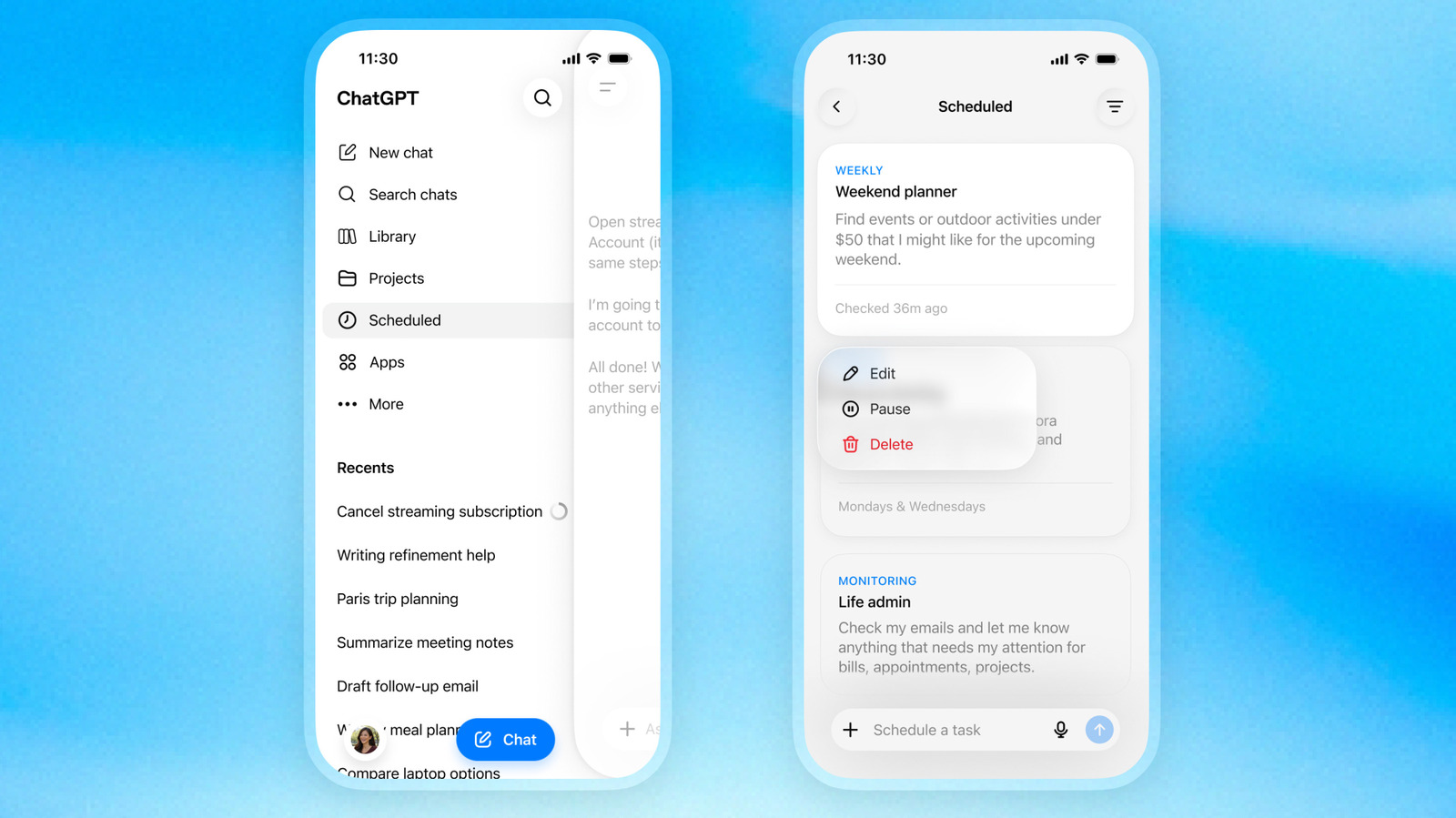 ChatGPT Scheduled Tasks interface shown on a phone