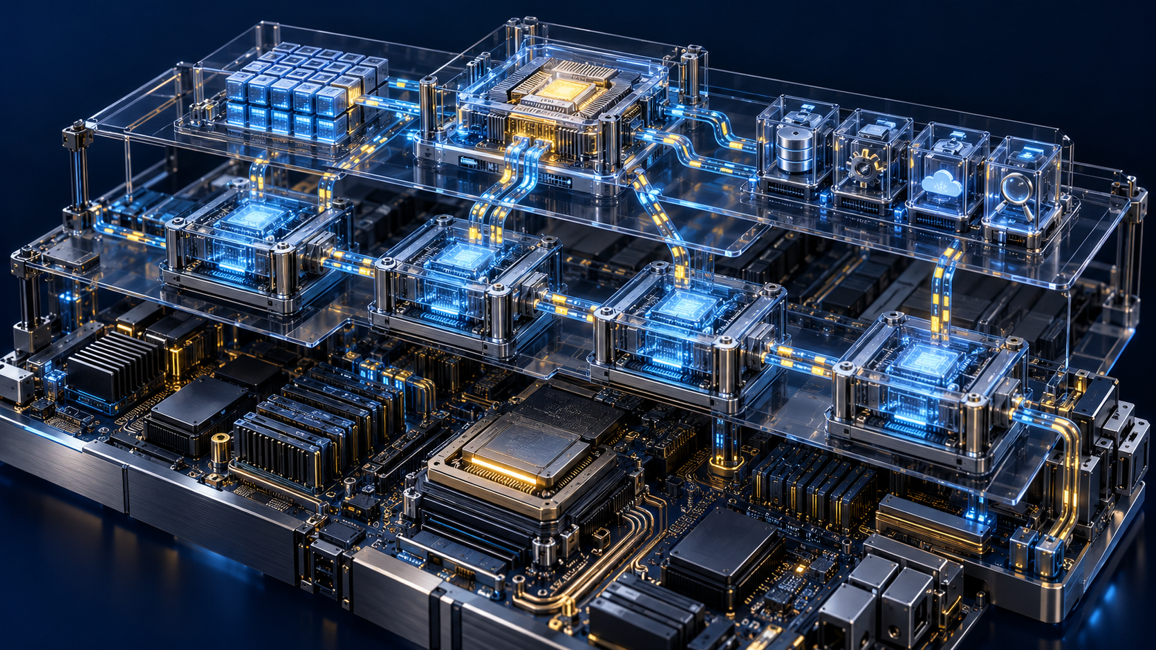 Conceptual cutaway illustration of a layered AI-agent system, with orchestration, memory, computing modules and illuminated data connections.