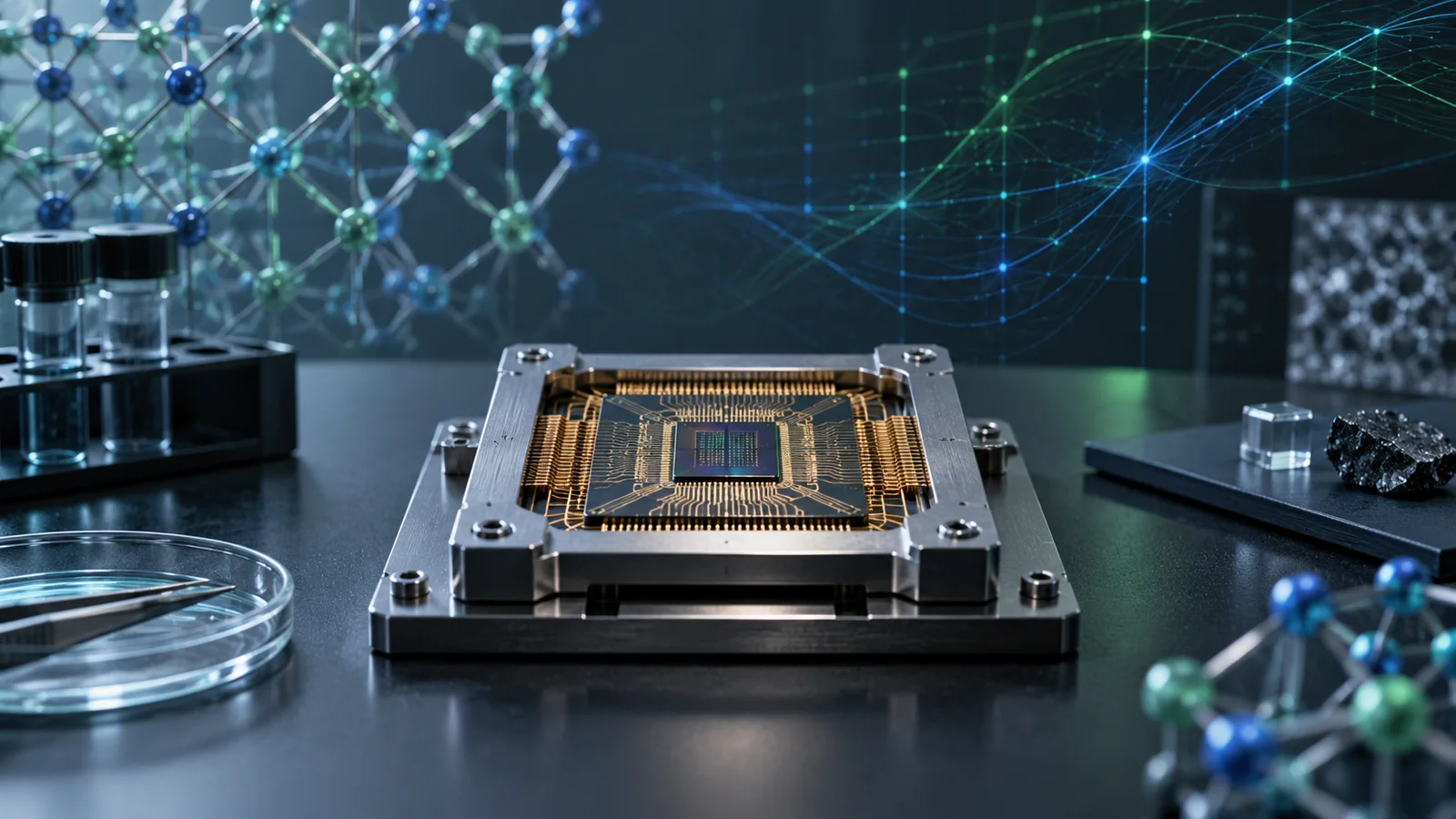 Conceptual laboratory scene with a central processor chip, molecular lattice models and abstract energy-grid lines.