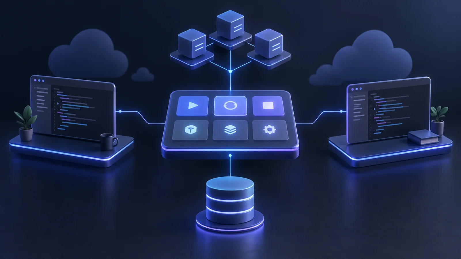 Conceptual illustration of a central workspace control hub linked to two coding workspaces, a compute cluster and persistent storage.