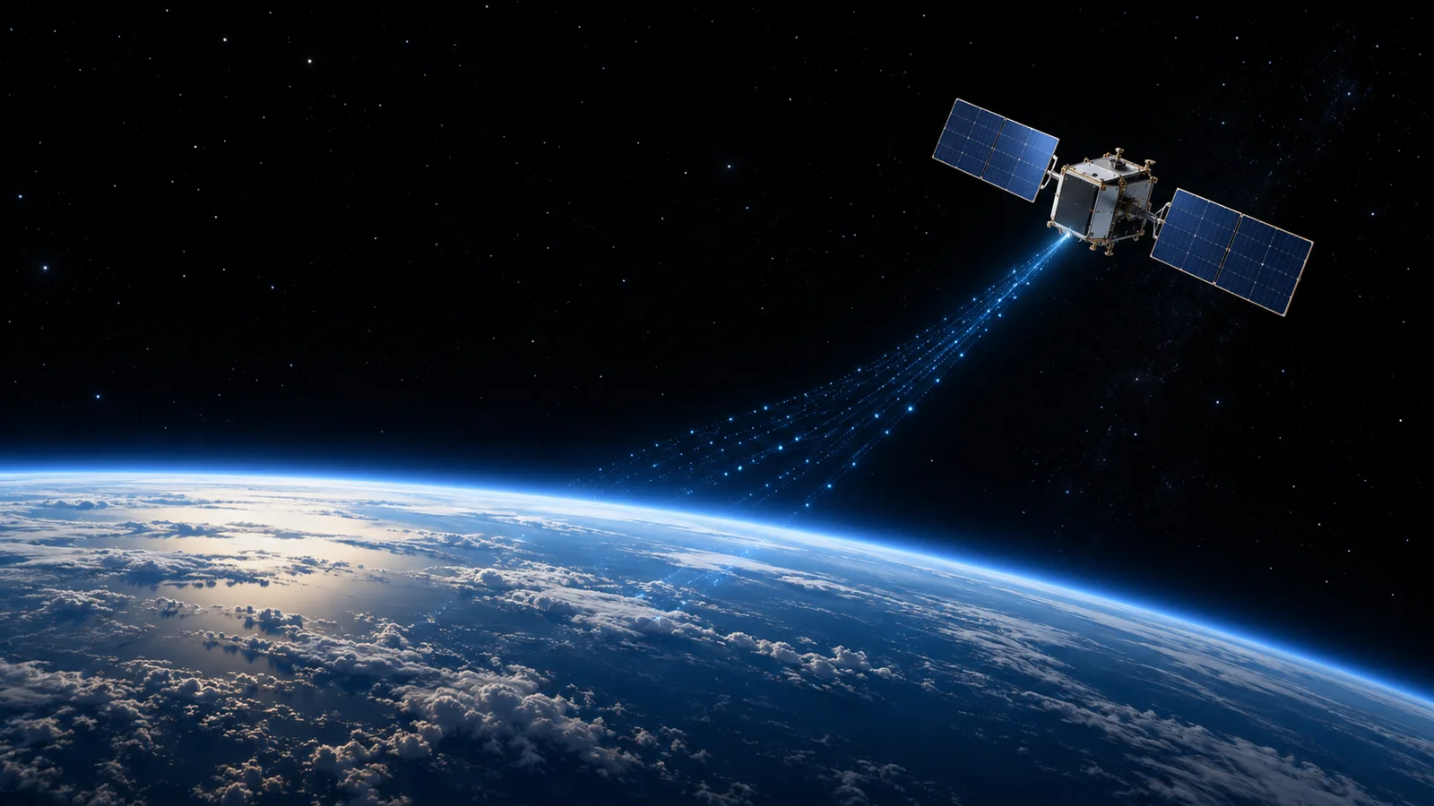 Conceptual illustration of an unbranded satellite above Earth’s horizon, with blue signal trails pointing toward the planet.