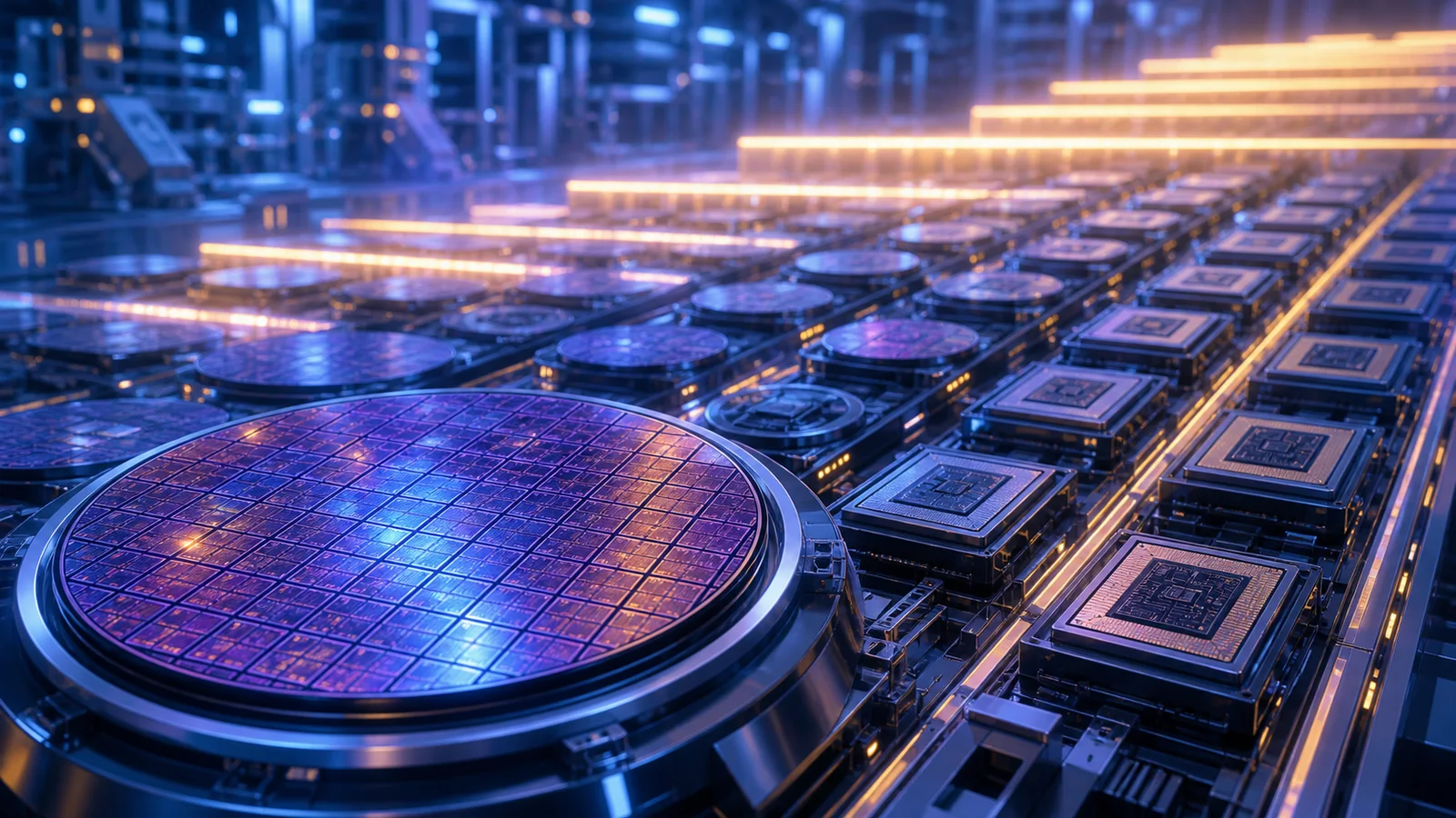 Conceptual illustration of silicon wafers and unbranded processor dies filling illuminated semiconductor production lanes.
