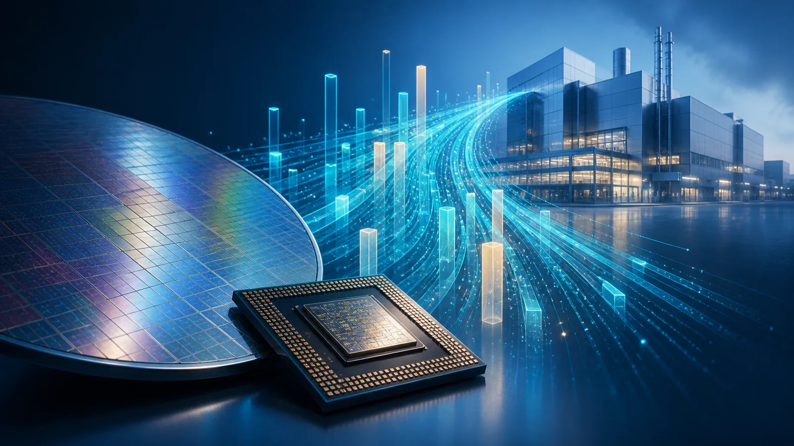 Editorial illustration of an unbranded silicon wafer and microchip with abstract streams of capital flowing toward a semiconductor fabrication facility.