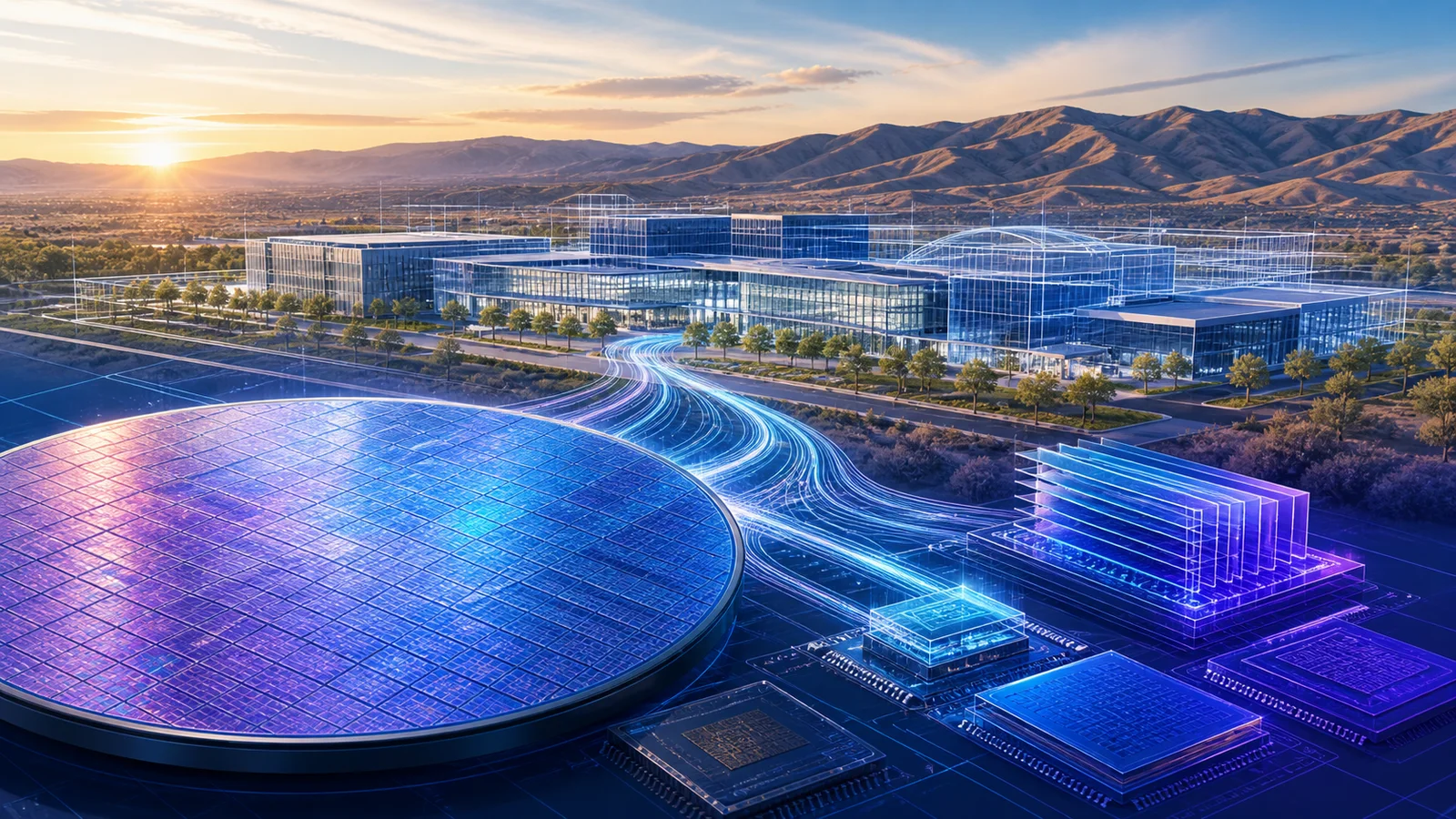 Editorial illustration of a conceptual semiconductor research campus beside a silicon wafer and generic memory chips, with foothills in the background.
