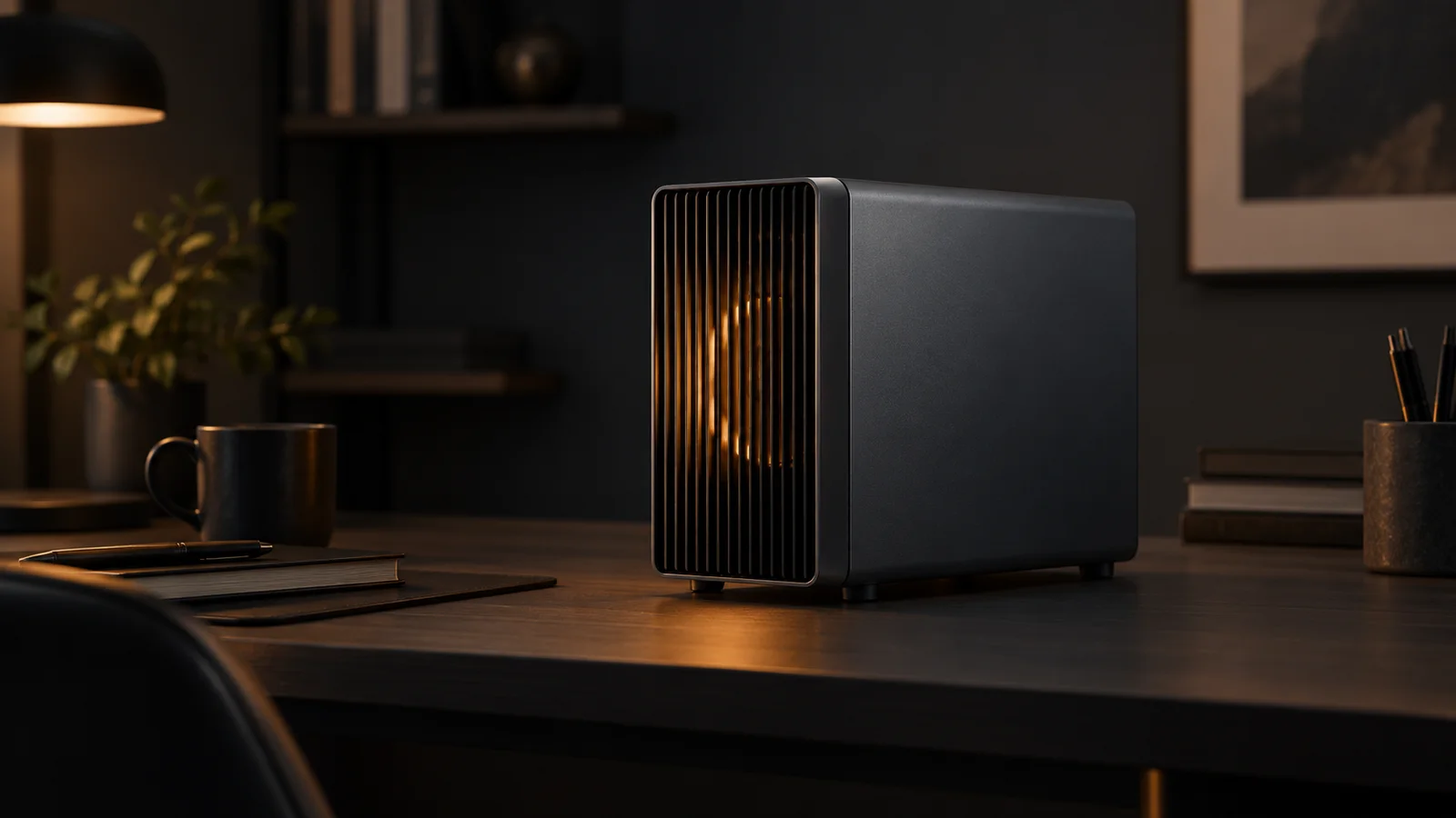 A compact dark desktop computer on a home-office desk, lit with a restrained amber glow behind its front grille.
