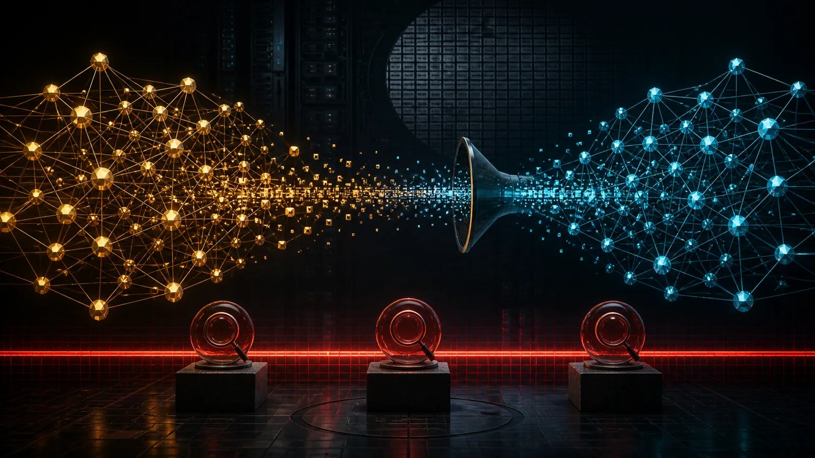 Two abstract neural networks exchange geometric particles through a central funnel above a red boundary line.