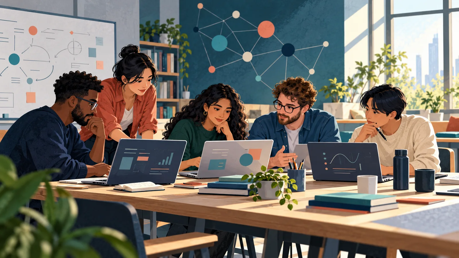 Conceptual illustration of five adult software-engineering trainees collaborating with laptops in a bright learning studio, with an abstract network diagram on the wall.