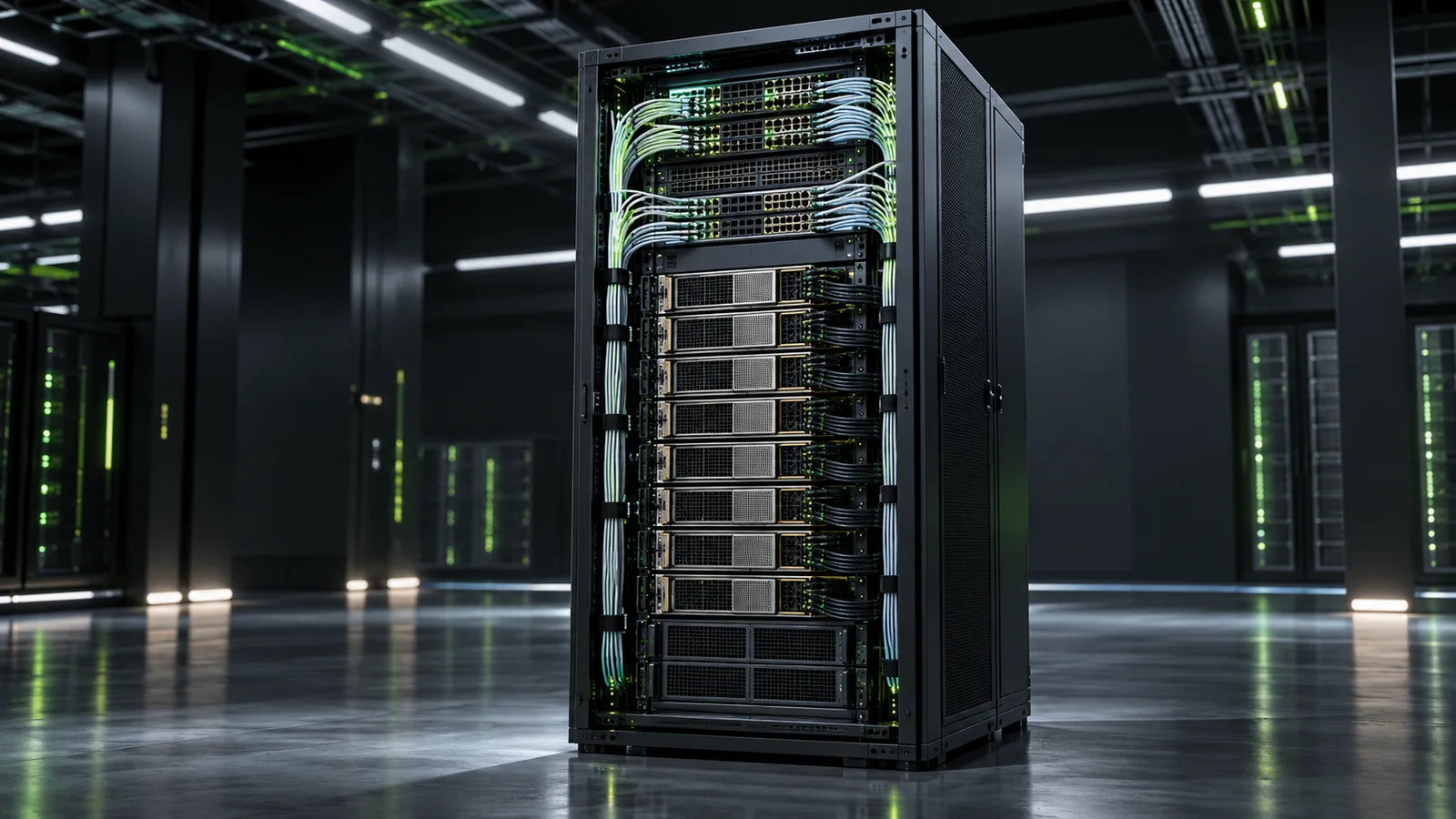A non-branded high-density compute rack with optical cables in a dark data-center setting.