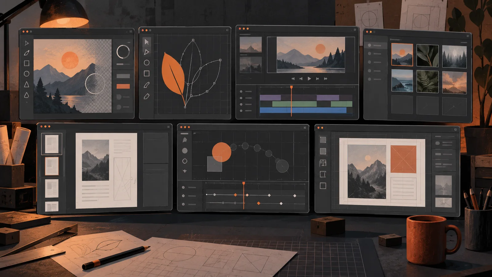Editorial illustration of seven unlabeled creative-work panes for image editing, vector drawing, video, photo cataloging, PDF layout, motion graphics and publishing, arranged in a dark workspace with orange accents.