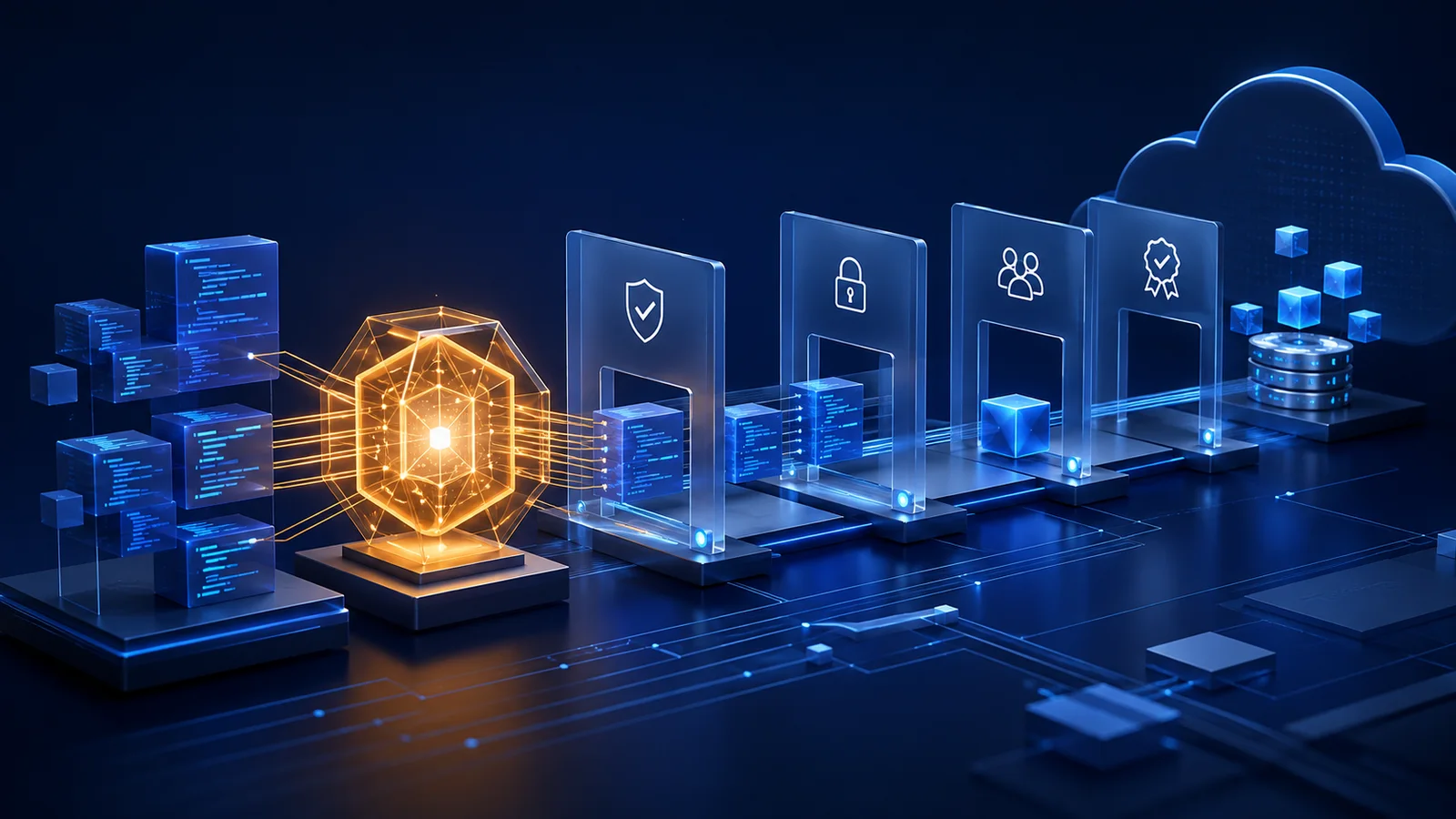 Abstract 3D illustration of an amber AI core routing blue code modules through shield, lock, human-review and approval gates toward a cloud delivery system.