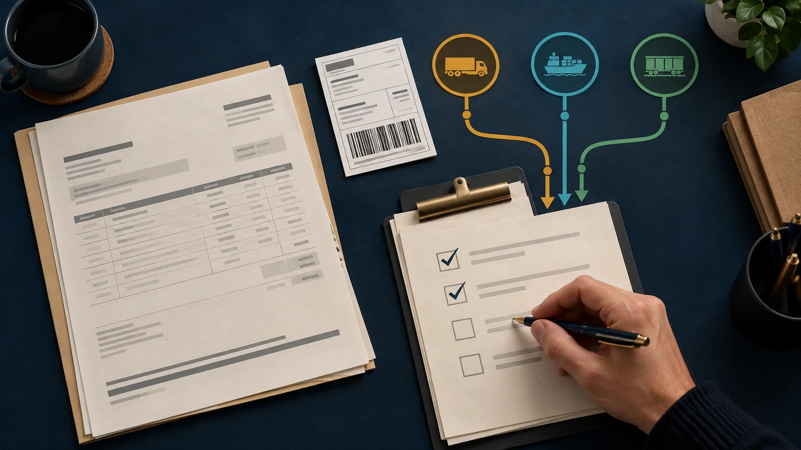 Conceptual overhead view of unbranded freight documents, three colored shipping routes, and a hand completing a human-review checklist.