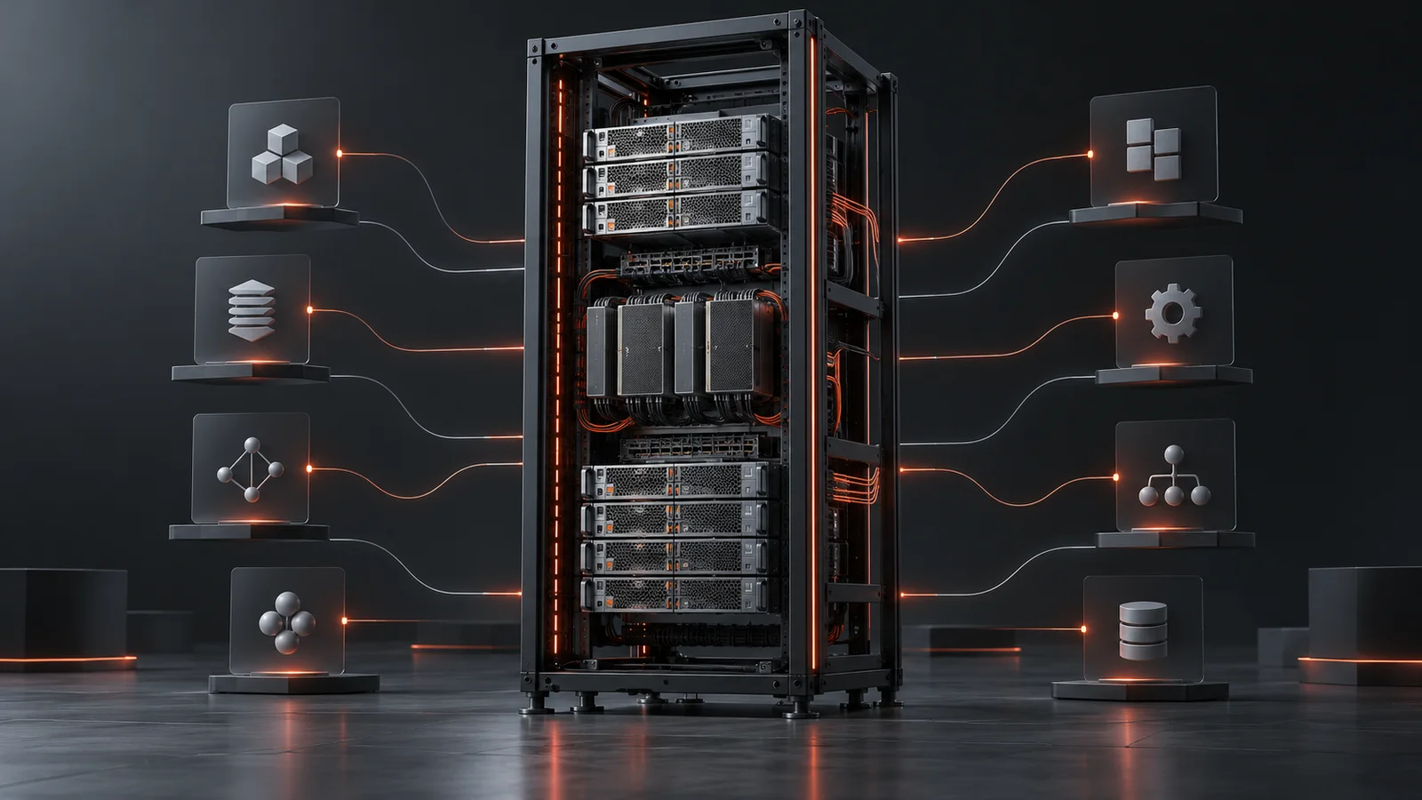 An unbranded open compute rack with server trays and neutral accelerator modules, linked to abstract task symbols by thin orange and gray lines.