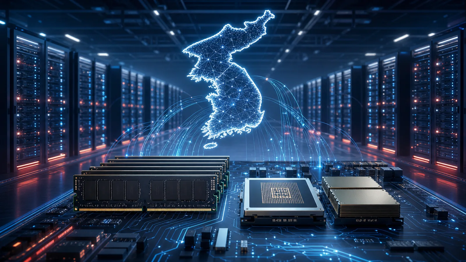 Illustration of memory hardware and server rows beneath a luminous outline of the Korean peninsula