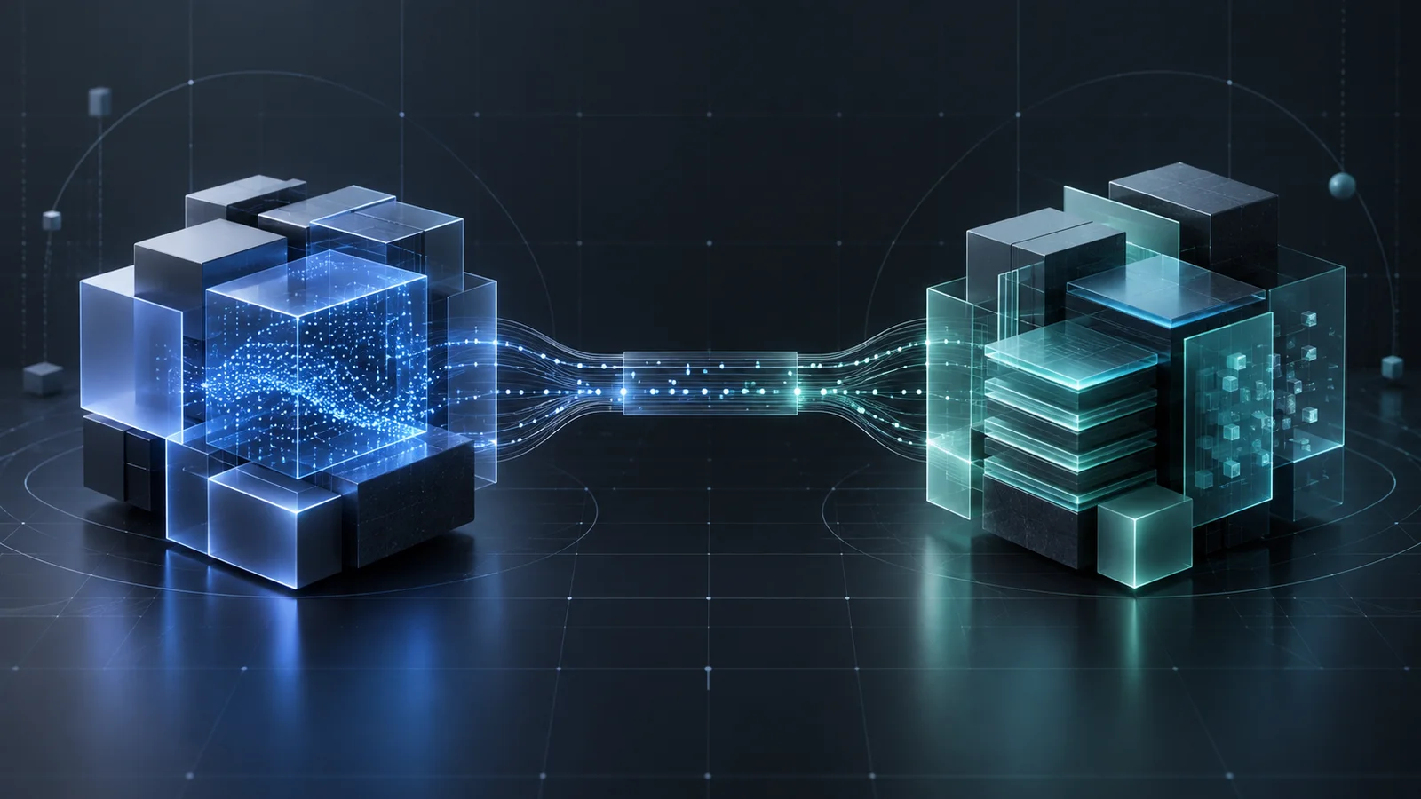 Two equal abstract blue and teal modular systems connected by a luminous data pathway on a dark grid.