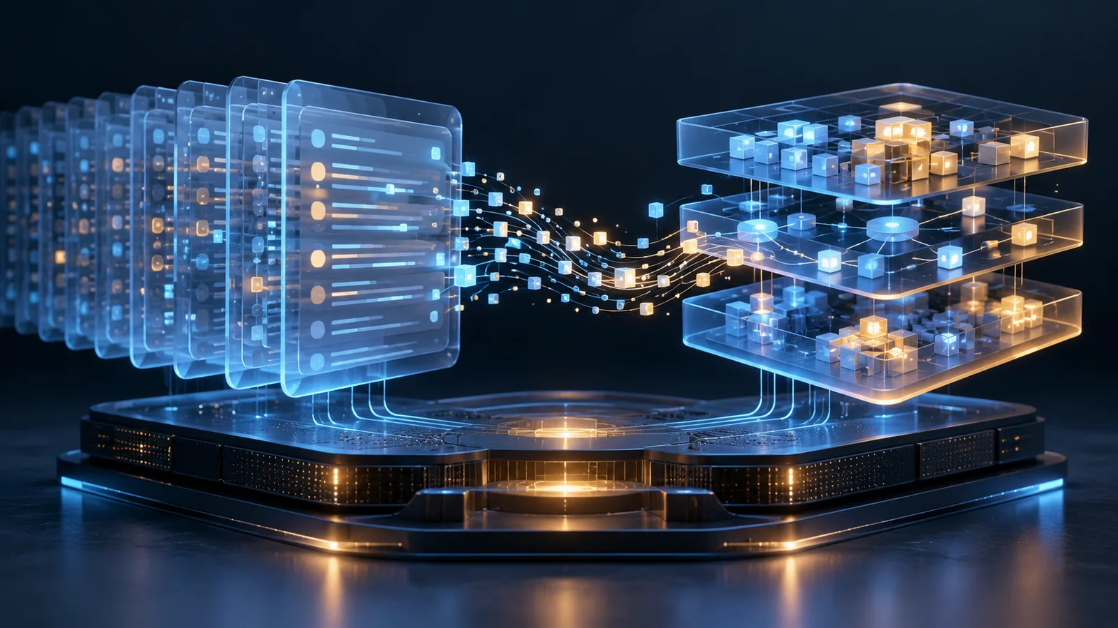 Conceptual illustration of translucent session-history panels flowing into a layered structured memory index above a storage base.
