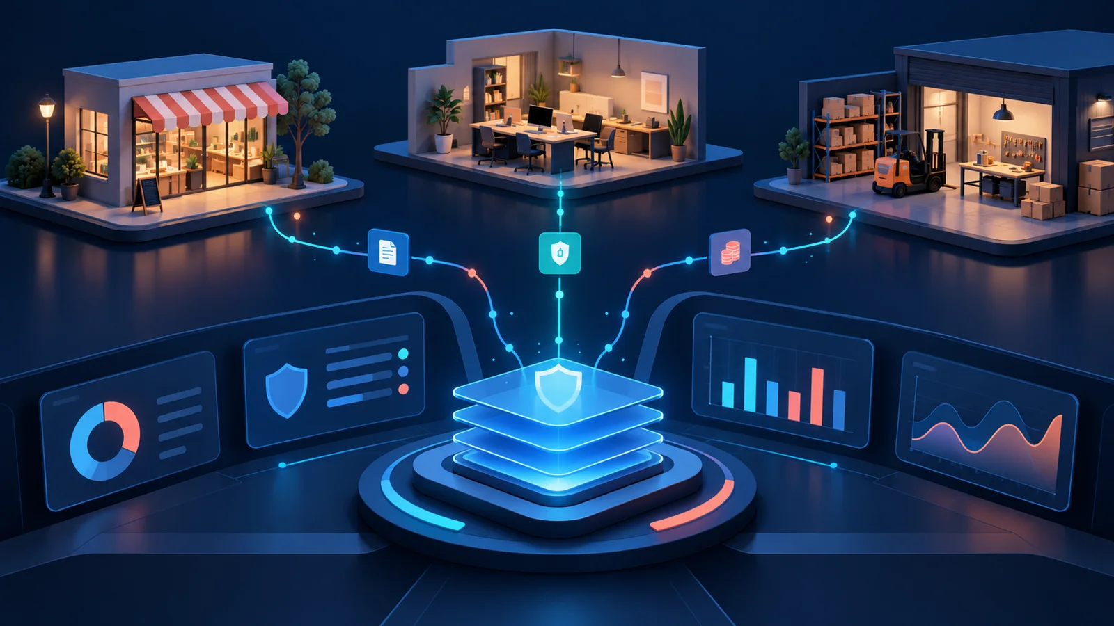 Conceptual illustration of a blue central governance hub linking a shop, office and warehouse, with abstract security, document, cost and analytics symbols.