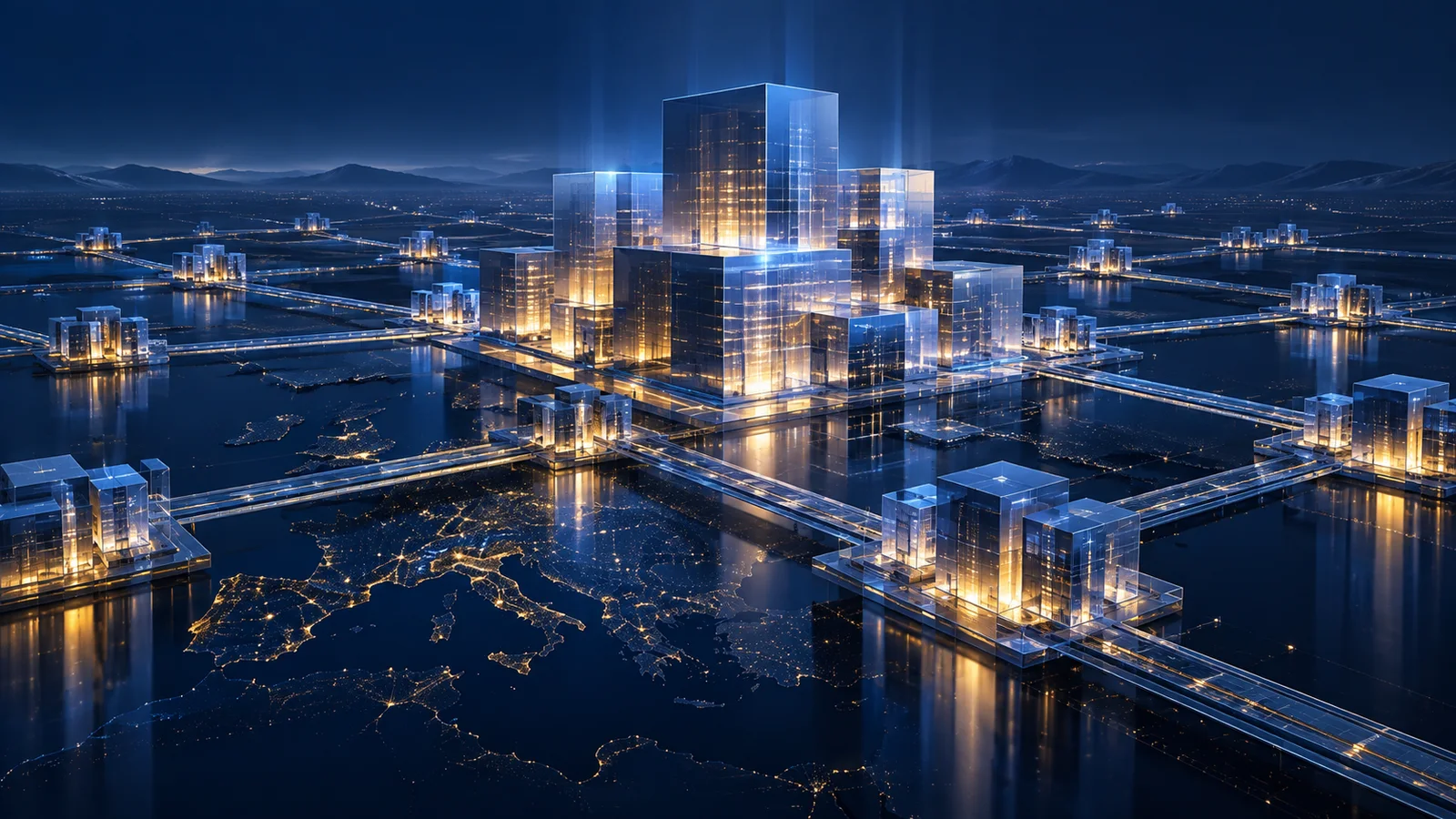 Abstract illuminated compute-infrastructure blocks connected across a stylized outline of Europe.