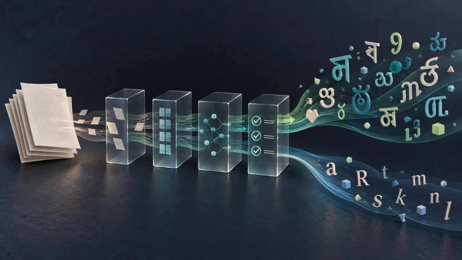 Conceptual illustration of source documents moving through a transparent multilingual data-generation and evaluation pipeline into native and Latin-script outputs.
