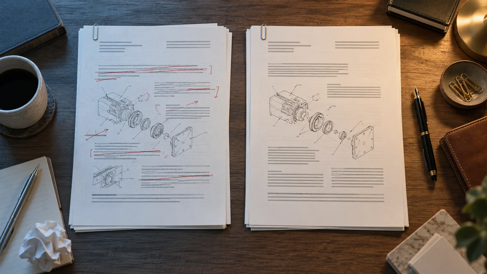 Conceptual editorial still life of two patent-style technical documents on a desk, one with redline marks and one clean, beside a fountain pen and paper clips.