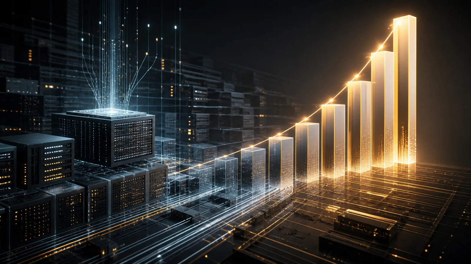 Illuminated server infrastructure beside a series of rising abstract financial bars.