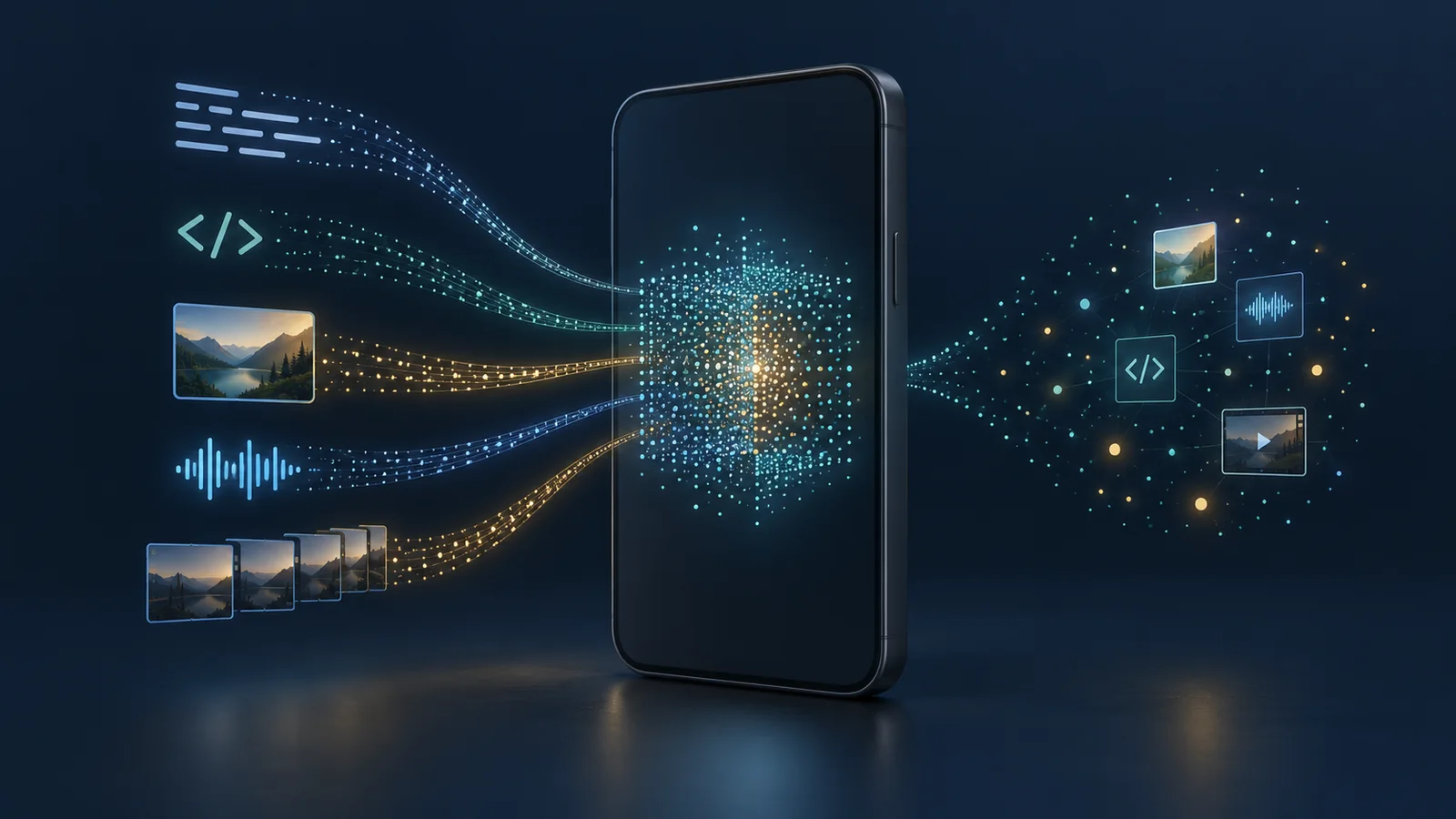 Conceptual illustration of an unbranded phone with text, code, image, audio and video representations converging into a shared field of points.