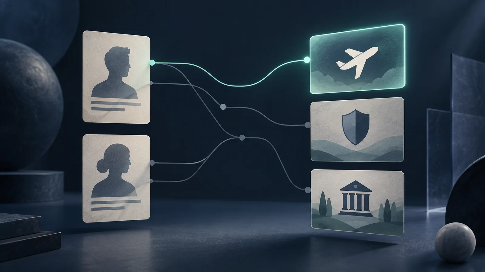 Conceptual illustration of two anonymous profile cards connected to flight, insurance and university choice cards, with the flight path highlighted.