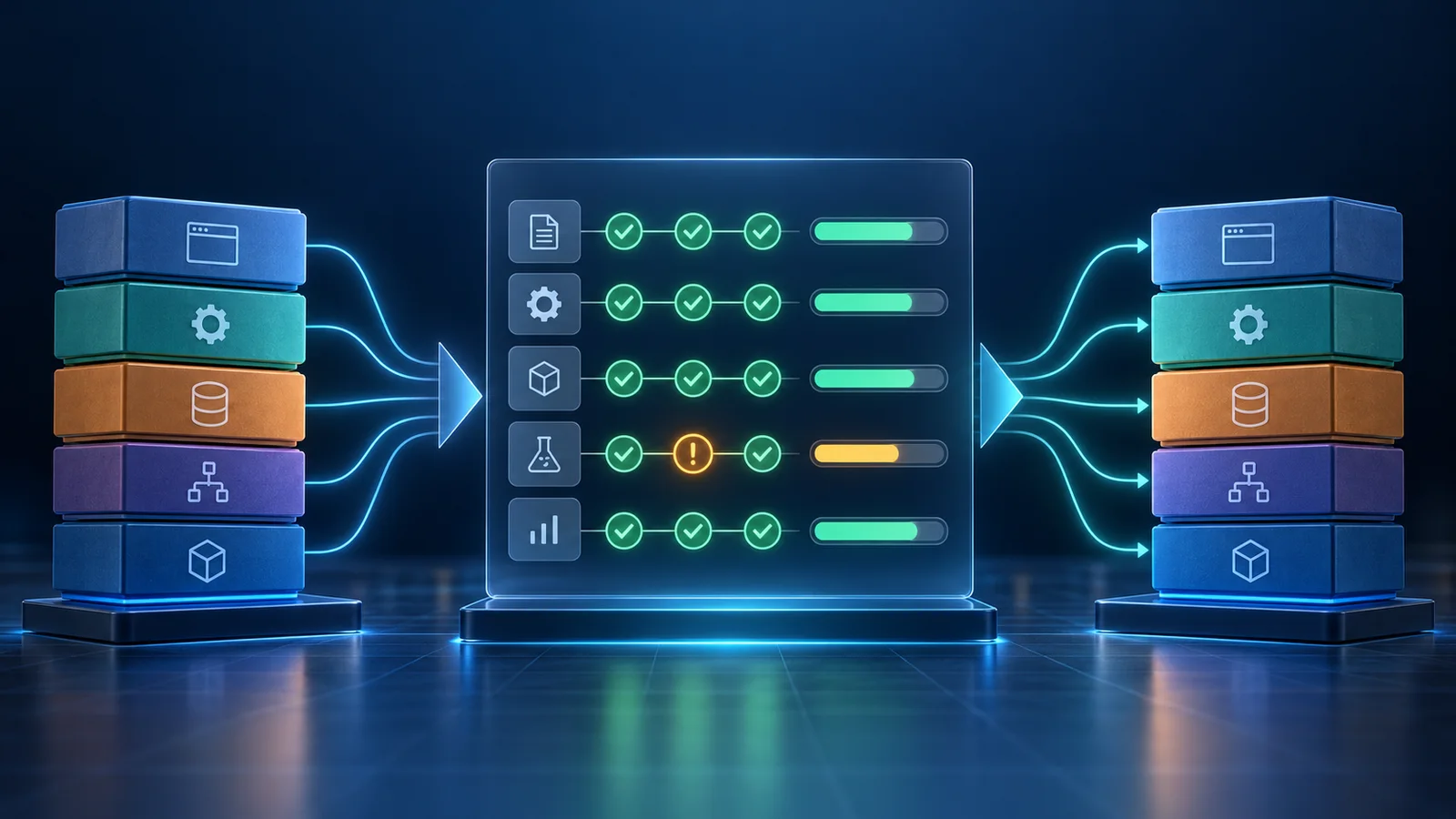 Conceptual illustration of application modules passing through a behavioral-test leaderboard during a Java migration.