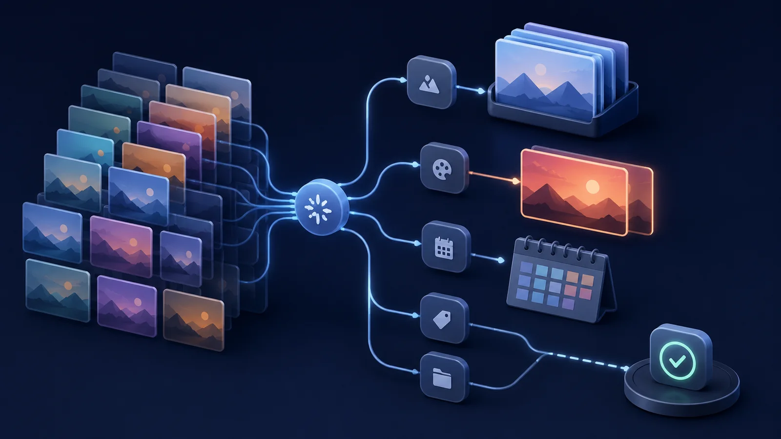 Conceptual illustration of photo cards flowing through a central workflow into an album stack, a separate edited copy, a calendar, organization icons and a confirmation check.