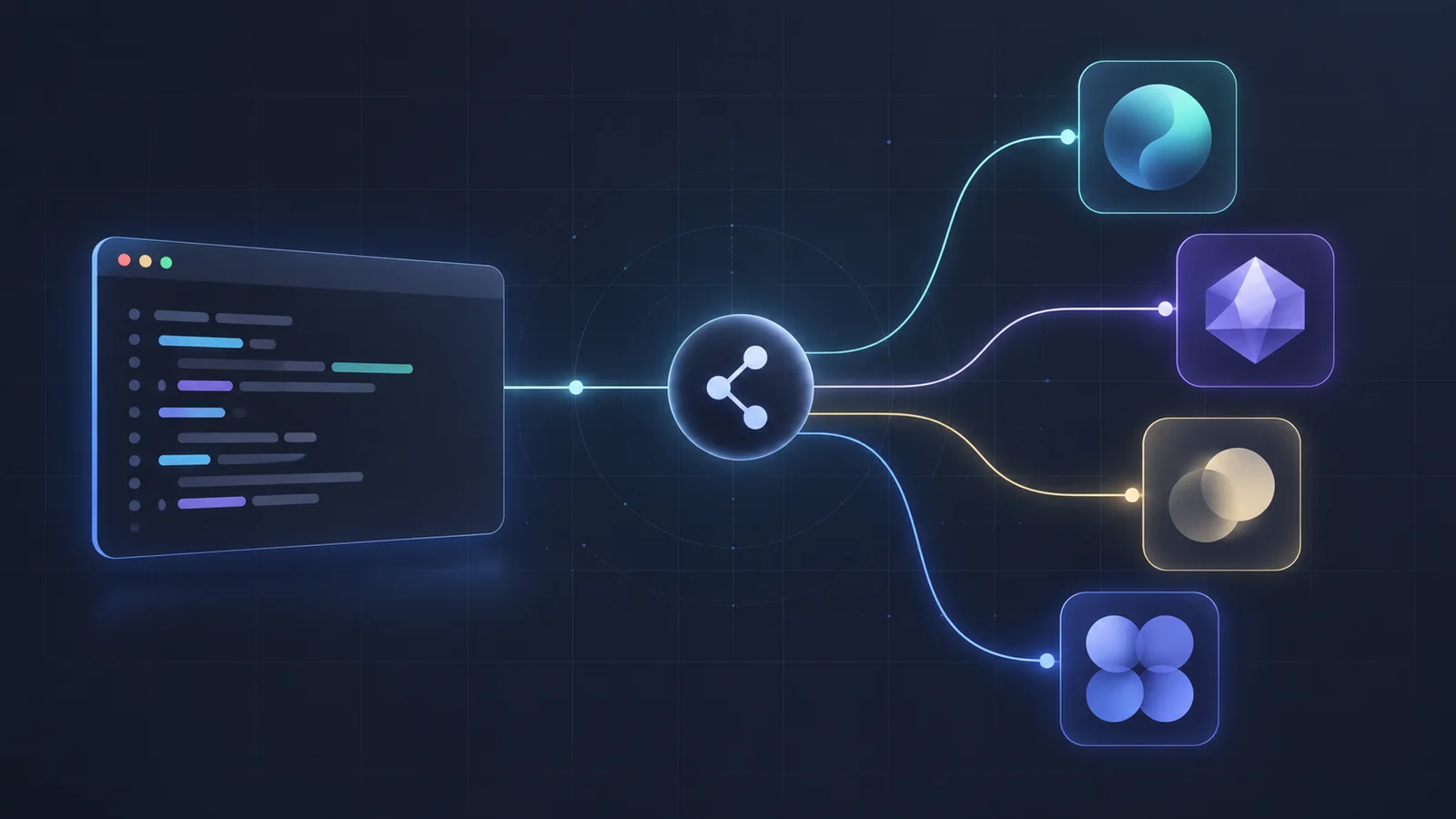 Conceptual illustration of a code workspace routed through a central hub to four abstract model tiles.