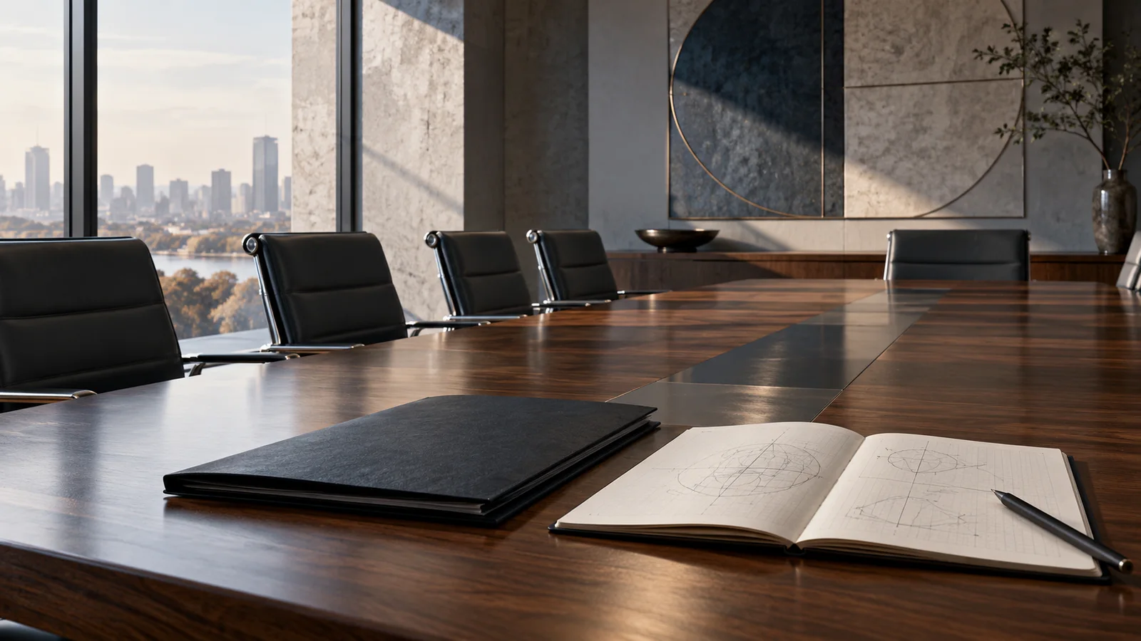 Conceptual editorial illustration of an empty boardroom table with an unbranded dark folder and an open notebook of geometric physics sketches.