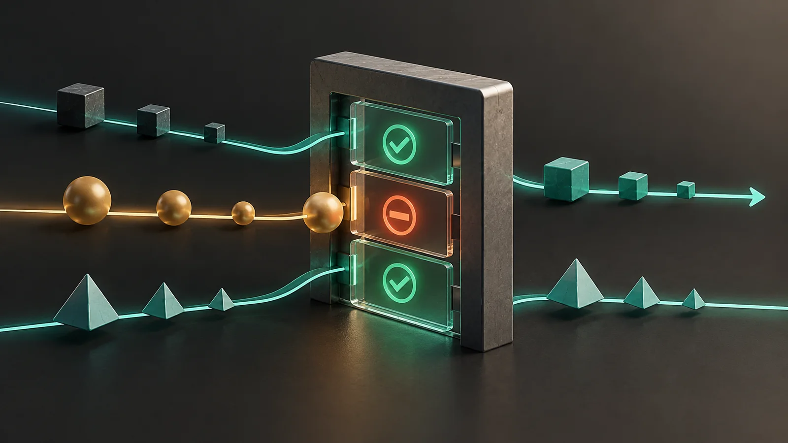 Conceptual editorial illustration of a central inspection gate with green approved routes and one amber held route.