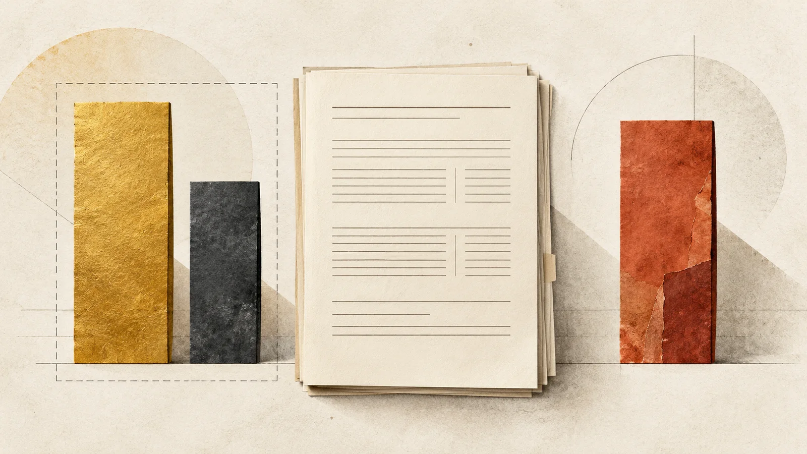 Unbranded paper filing flanked by a broad gold block and slim charcoal block within a boundary, plus a separate rust-colored cost block.