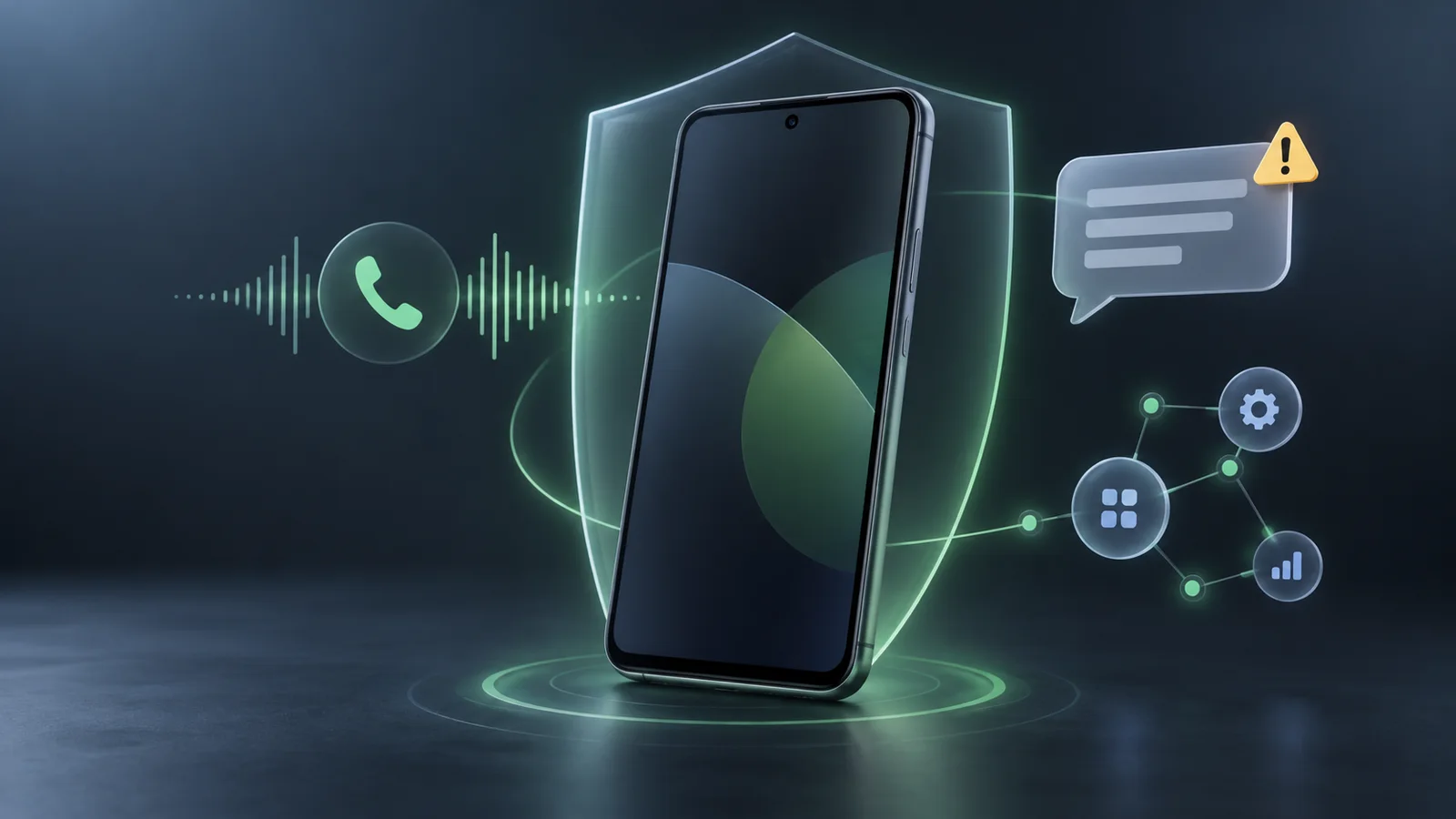 A generic smartphone is surrounded by a protective boundary, a call waveform, a message warning symbol and app-behavior nodes.