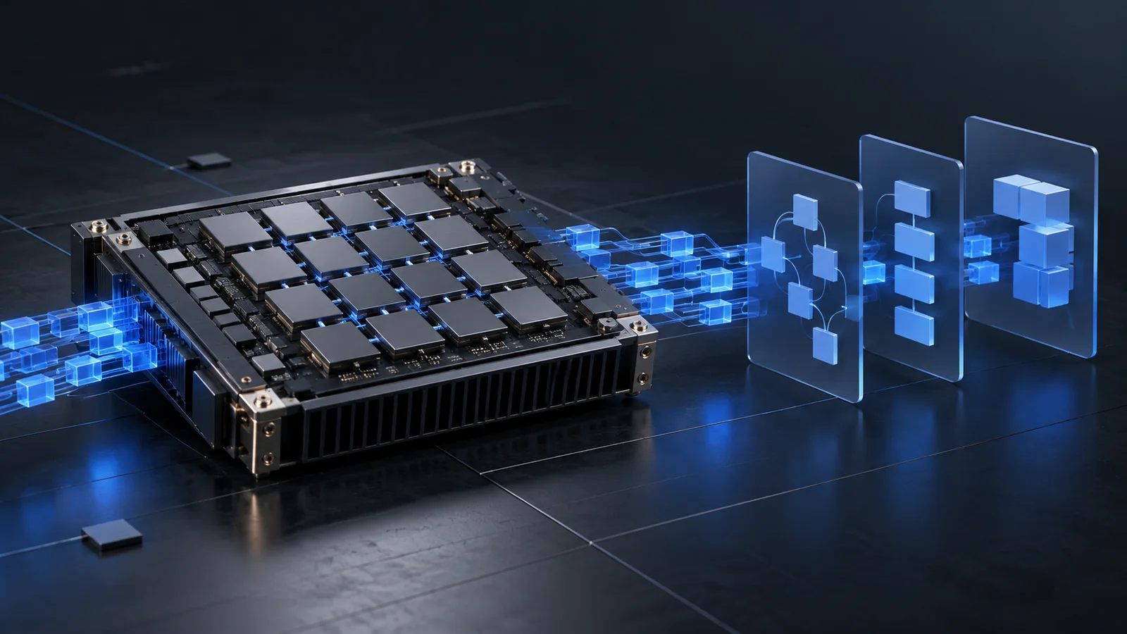 Conceptual illustration of a generic accelerator module with tiled compute units feeding blue data blocks into translucent compiler-flow panels.