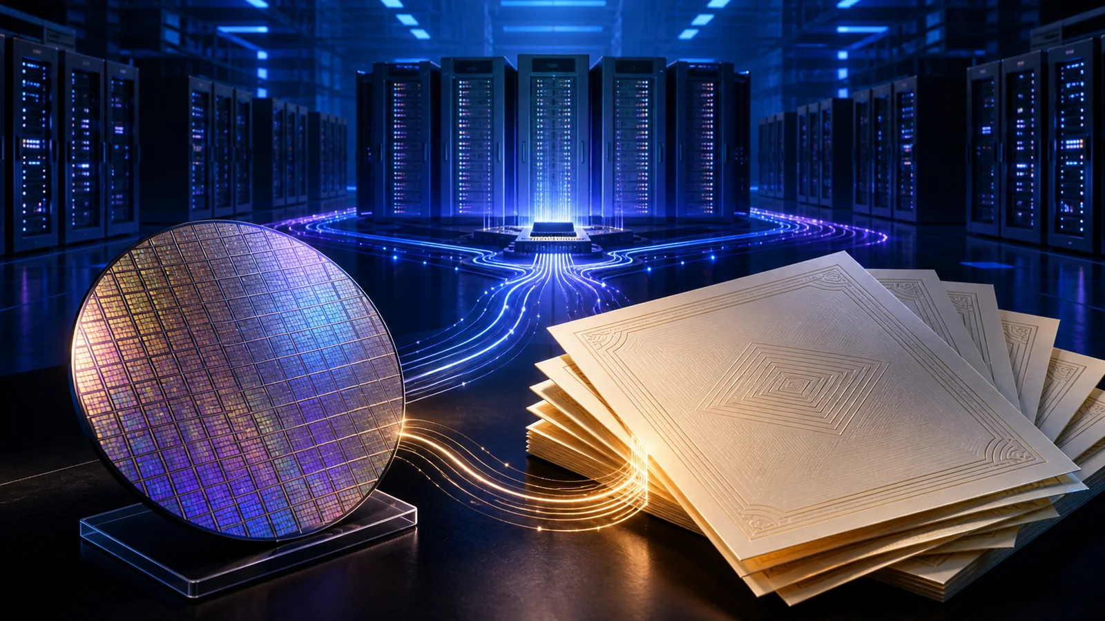Conceptual illustration of a silicon wafer and blank bond certificates connected by luminous pathways to data-center servers.