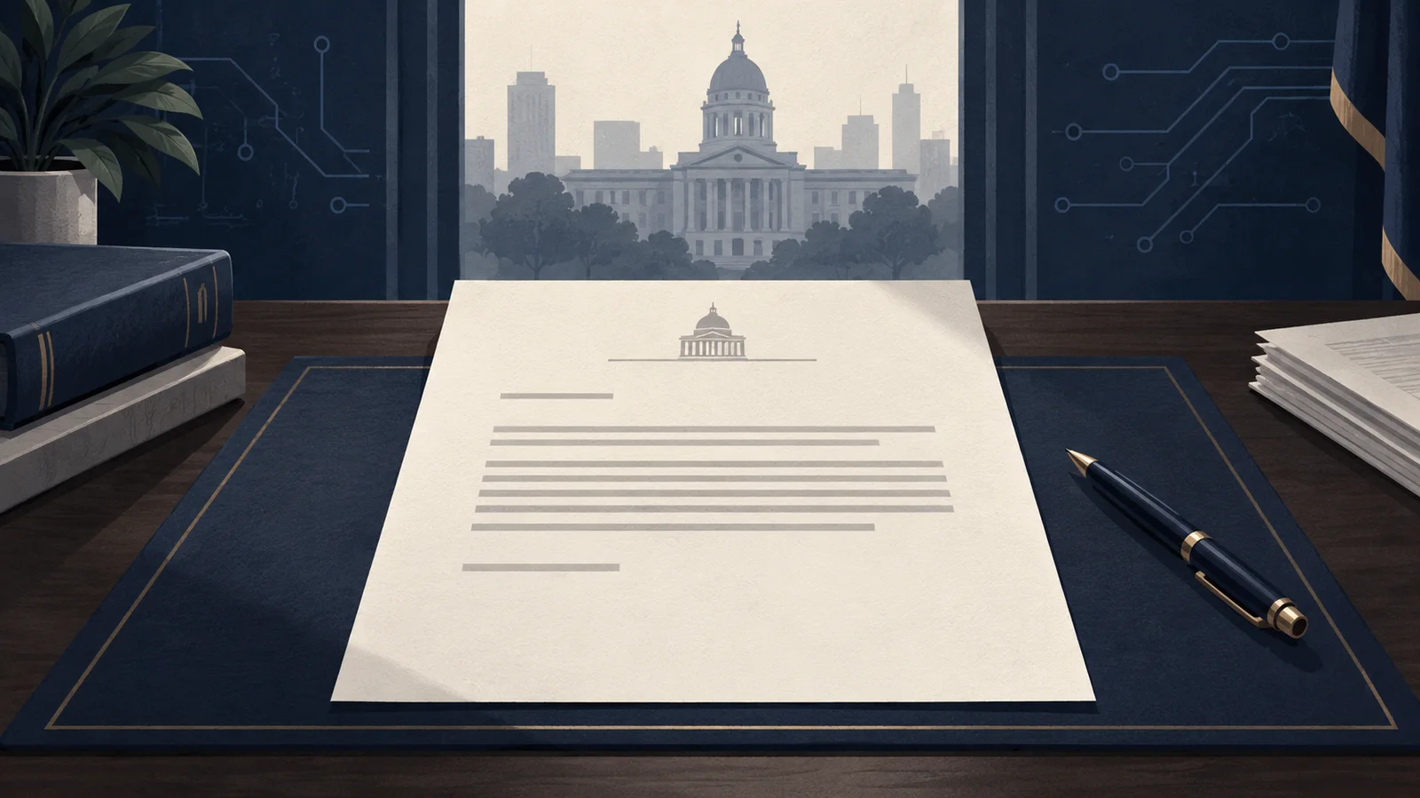 Editorial illustration of an unsigned formal letter and pen before a neutral civic building, with subtle circuit-line texture.