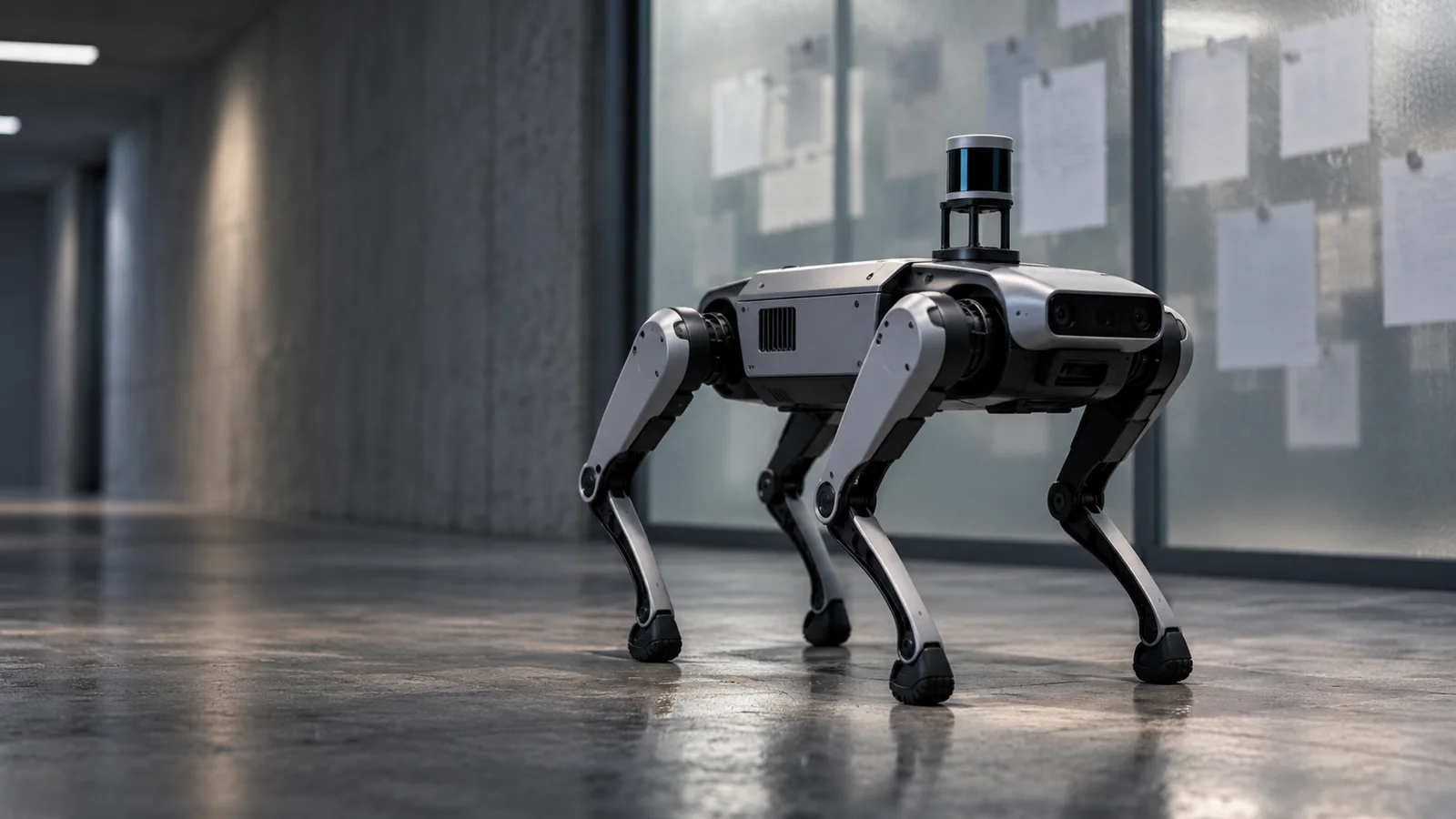 Conceptual illustration of an unarmed quadruped inspection robot with a sensor mast in a concrete corridor, with blank papers behind frosted glass.