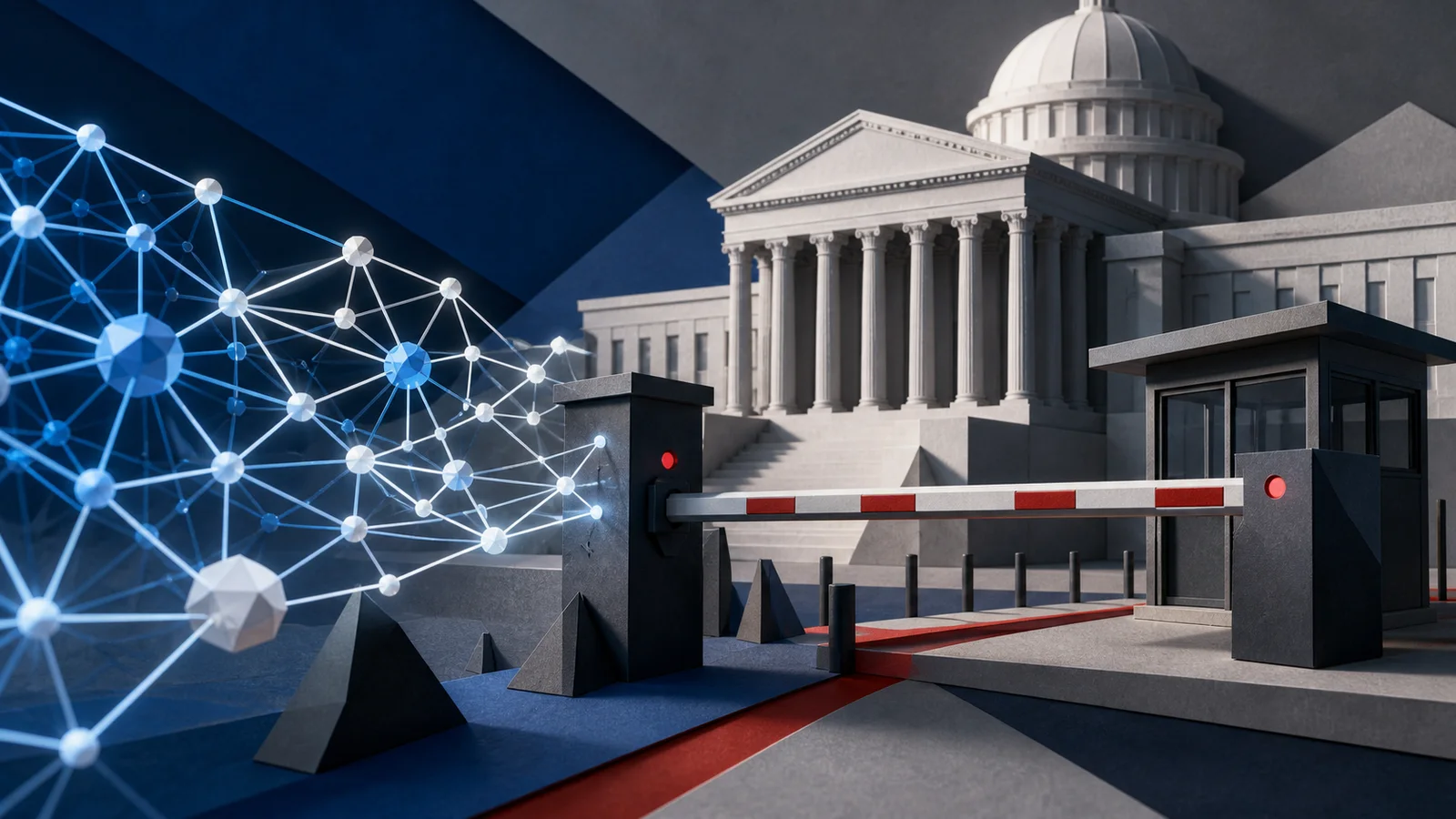 An abstract neural network approaches a security barrier outside a neoclassical government building.