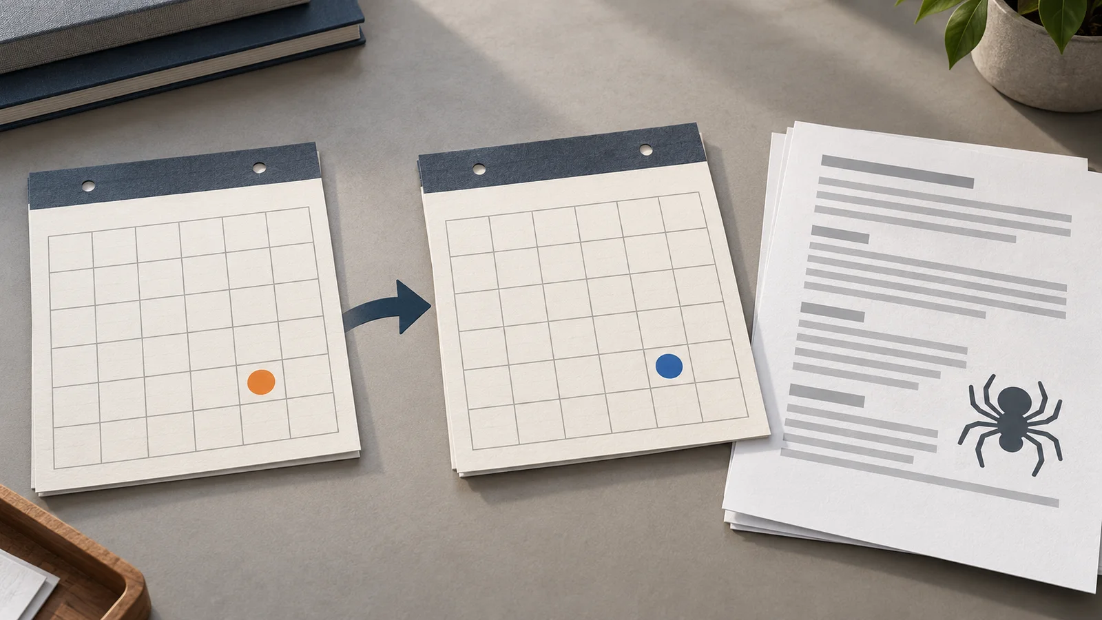 Two unbranded calendar sheets with orange and blue date markers connected by a right-facing arrow beside a neutral crawler-preference document.