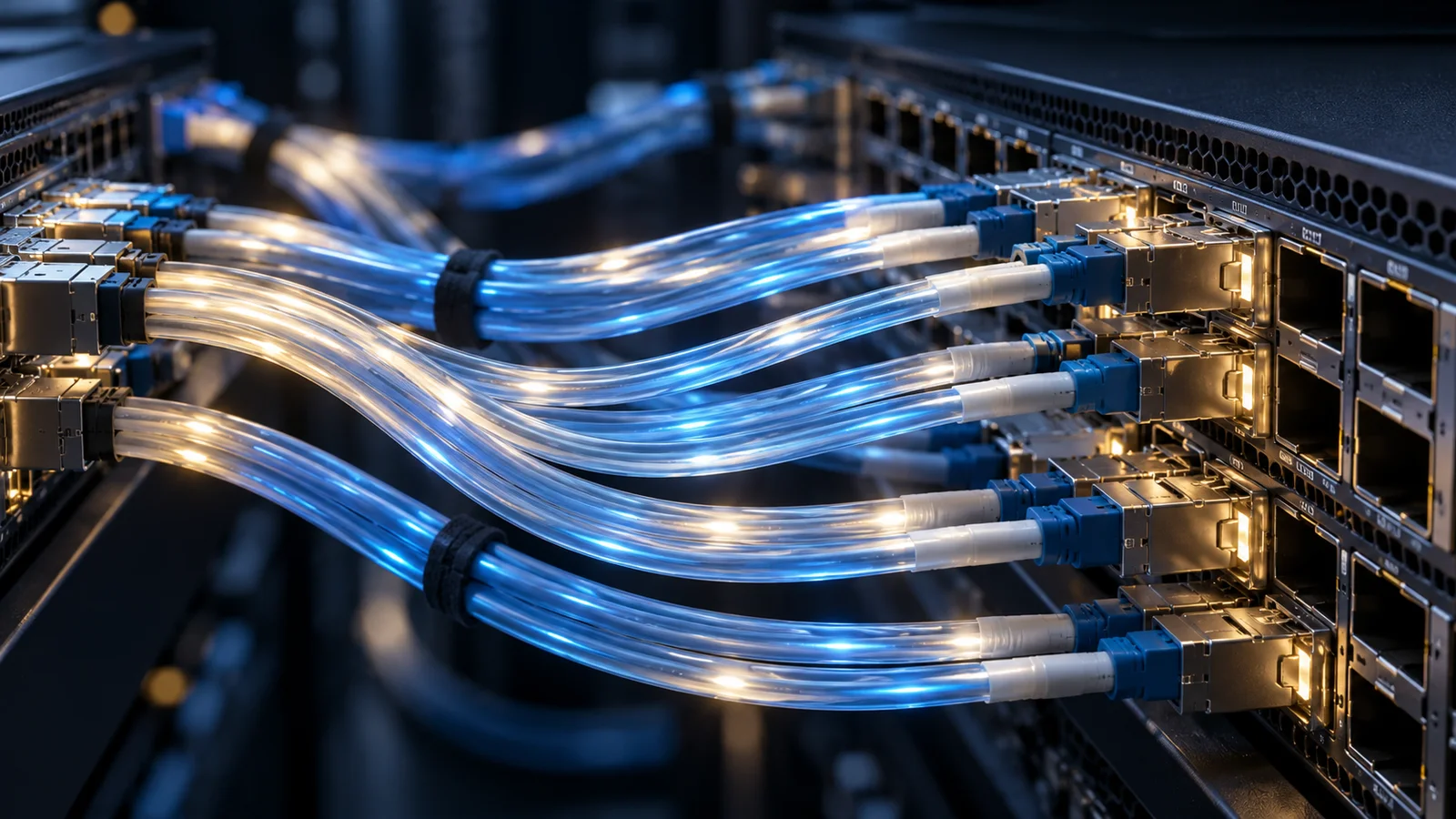 Conceptual close-up of blue and white fiber-optic cables connected to network switch ports.