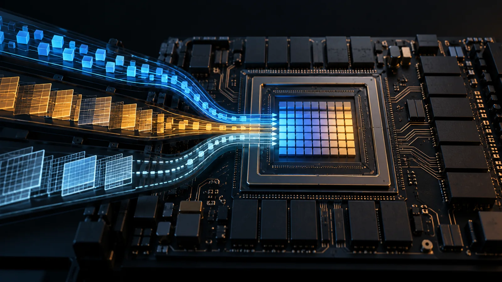 Conceptual illustration of an unbranded accelerator board, three blue and amber data paths, and a central matrix-style compute grid.