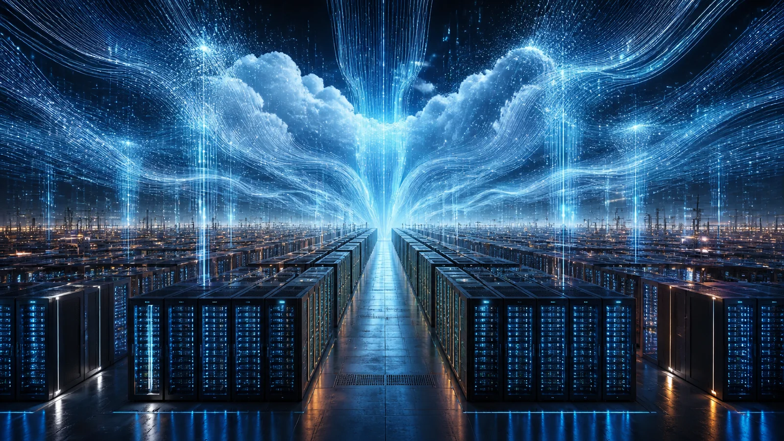 Illustrated rows of illuminated data-center servers beneath flowing cloud-like streams of blue light