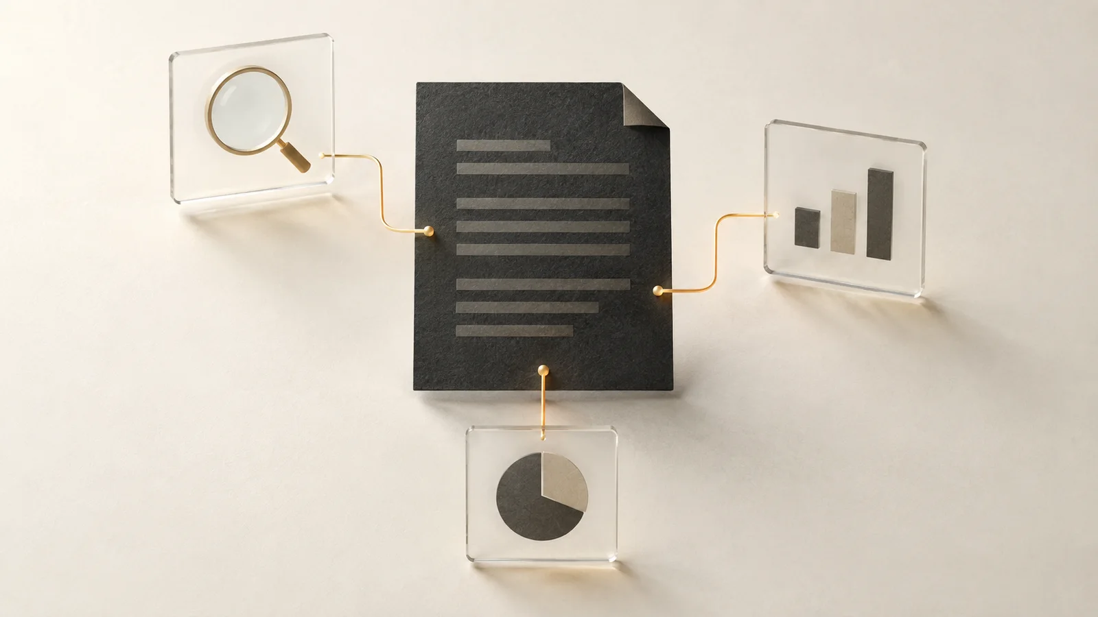 An abstract charcoal document connected by amber lines to three transparent review panels with a magnifier and simple charts.