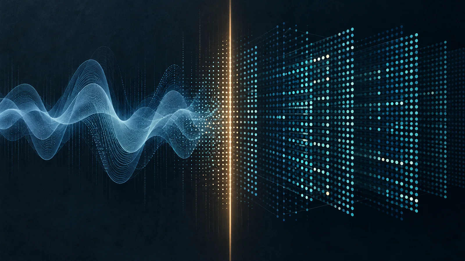Abstract pale-blue speech waveform transitions across a gold divider into a teal field of connected model-weight dots on a dark navy background.