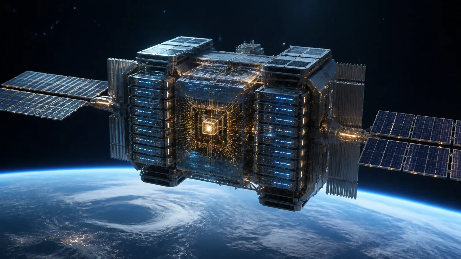 Conceptual orbital computing platform with solar arrays above the curved Earth.