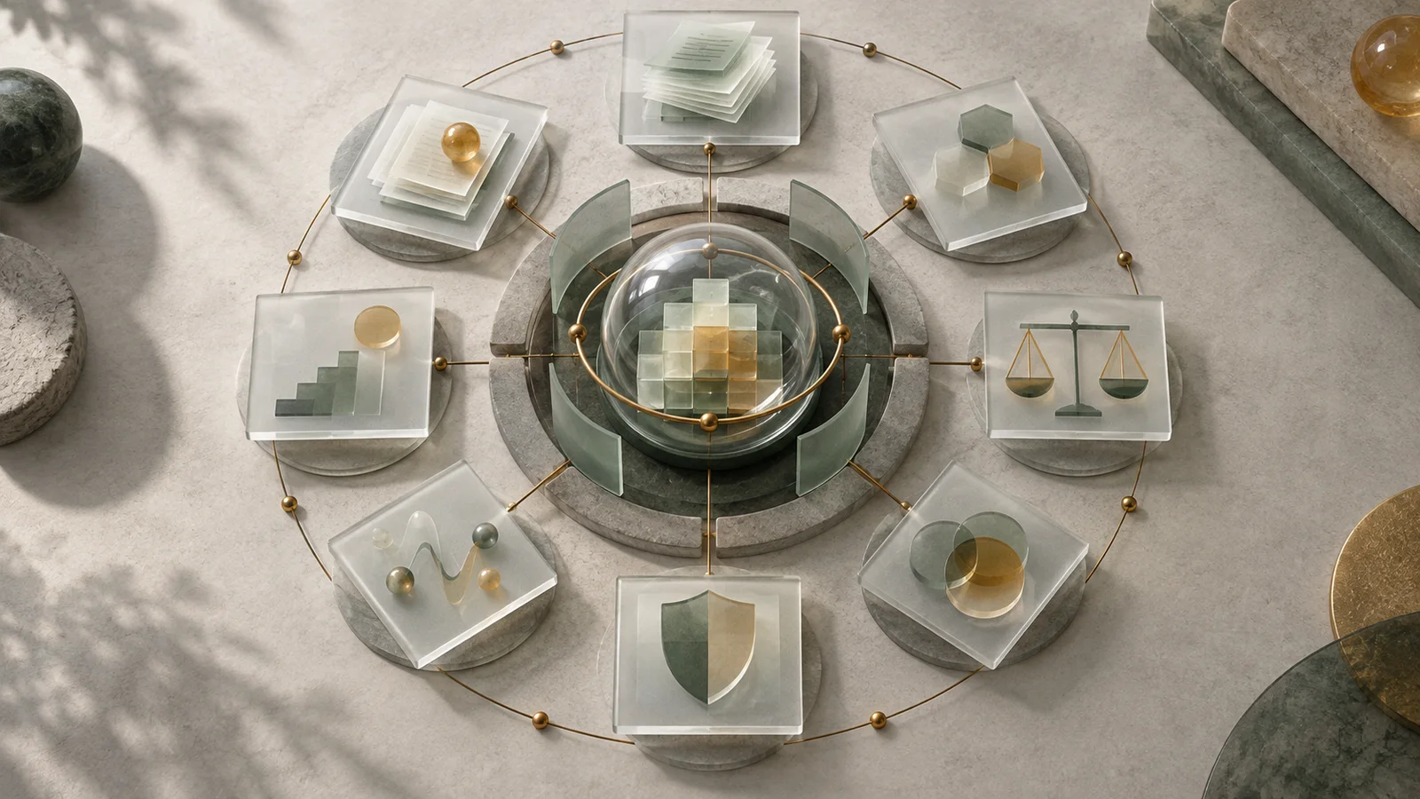 Conceptual research workspace with translucent study tiles around a protected central data core, plus abstract shield, balance and chart motifs.