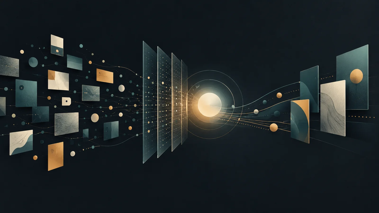 Abstract dark editorial illustration with teal and amber geometric data cards and dots flowing through translucent panels toward a central warm light.