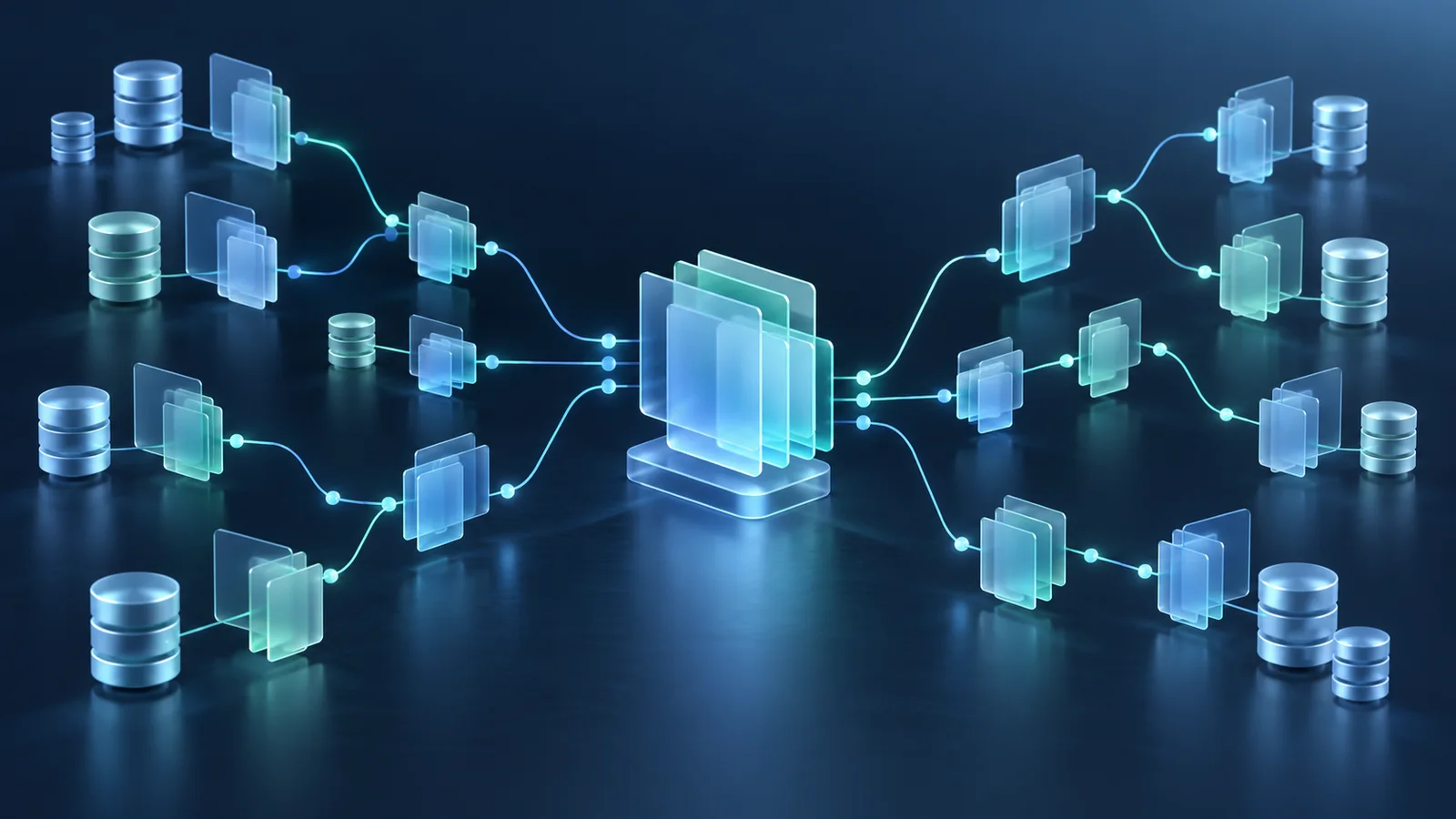 Translucent blue and teal metadata cards and database cylinders connected by branching lines to a central catalog graph.