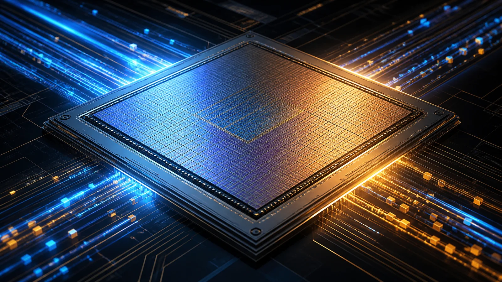 A large square wafer-scale processor surrounded by blue and amber streams of data