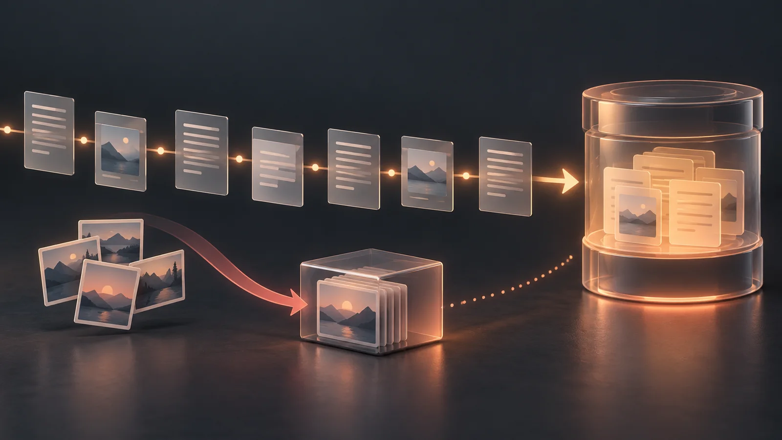 Conceptual illustration of stable document and image-history panels flowing into a glowing cache vessel, with a grouped archive representing batch screenshot pruning.